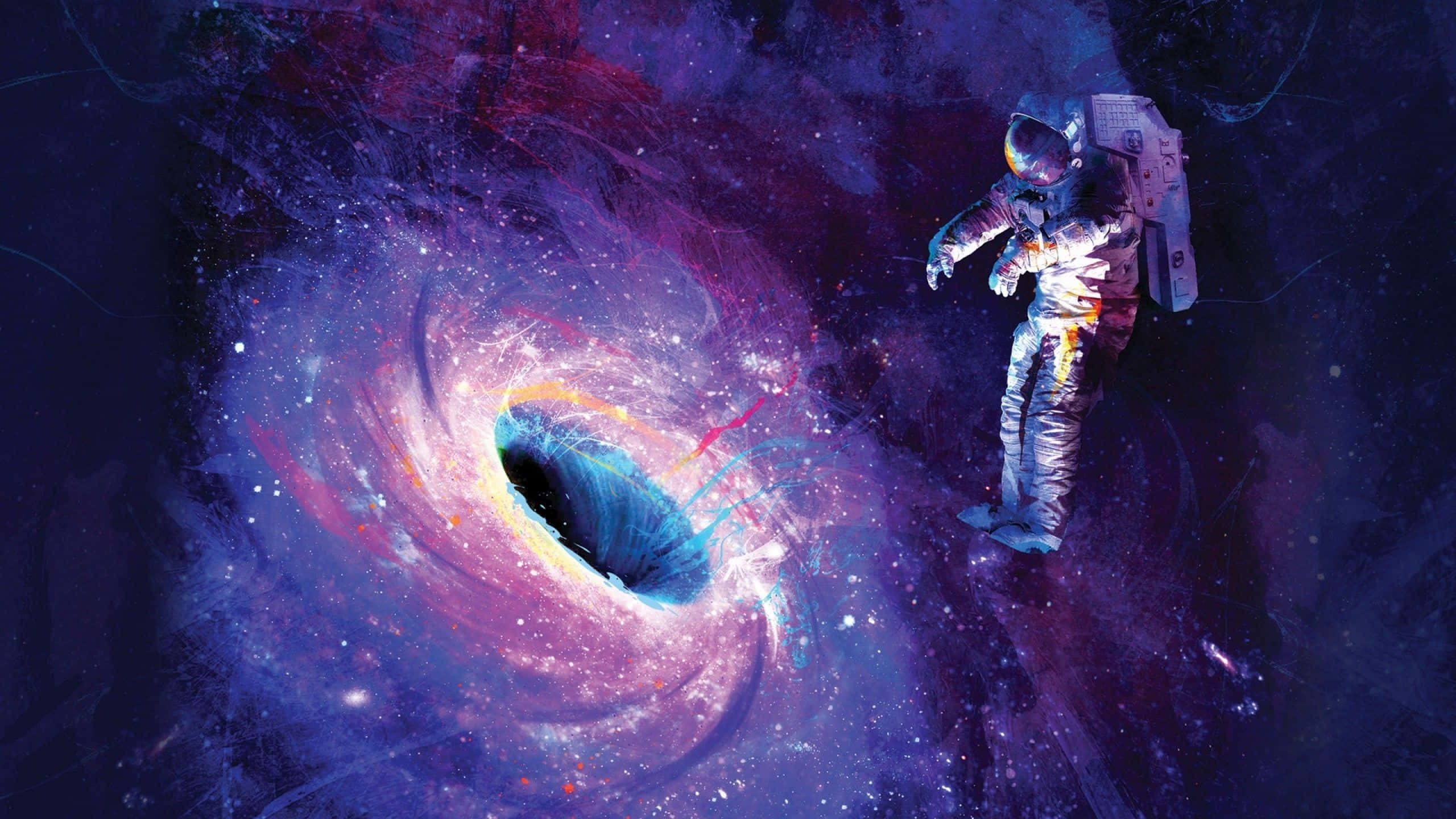 Colorful Space 桌布 壁紙 — 一名太空人在深空中漂浮，靠近一個由紫色、藍色和金色星星組成的旋轉宇宙漩渦。
