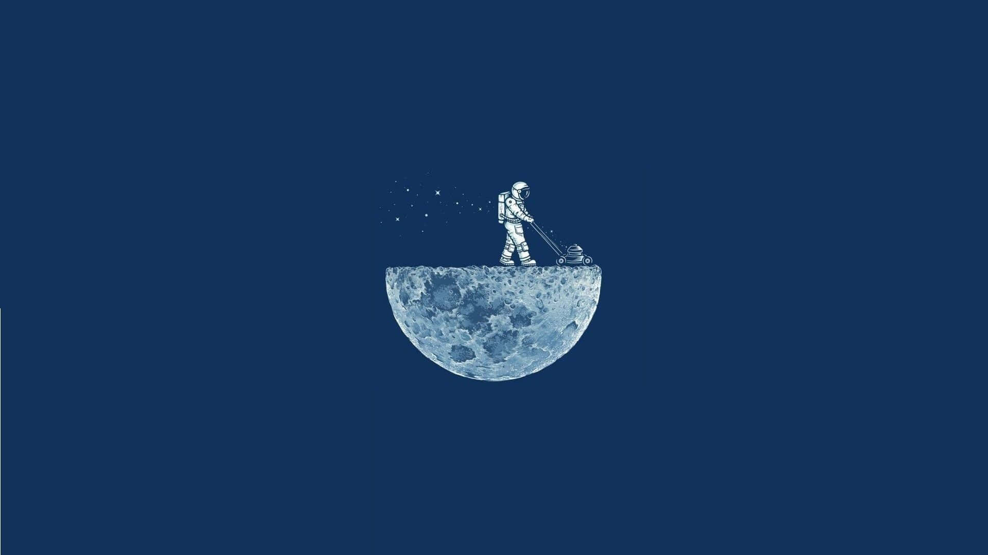 插畫 桌布 壁紙 — 一名太空人在深藍色星空下用割草機修剪月球表面。