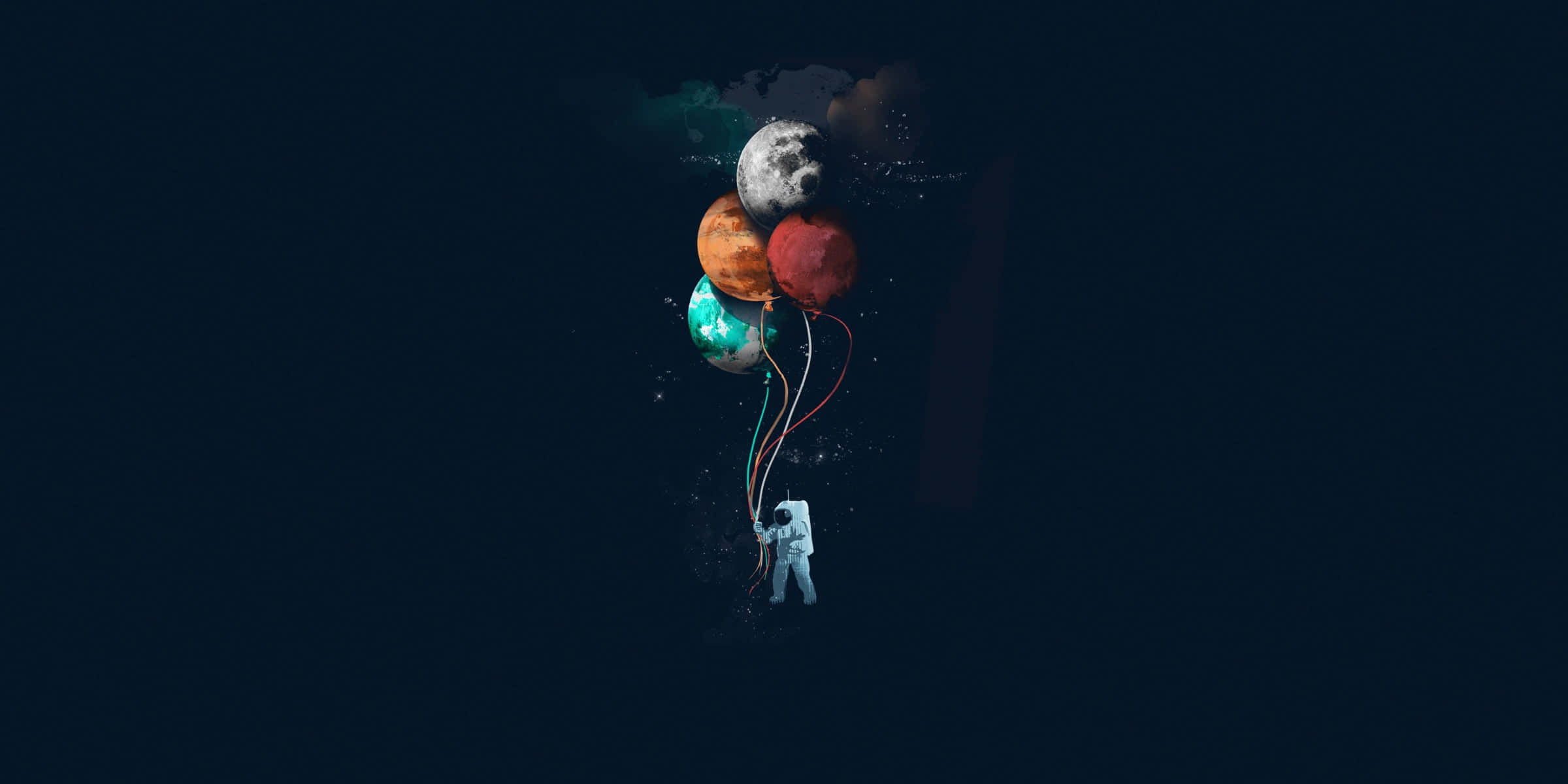 Space Art 桌布 壁紙 — 一名太空人在黑暗的宇宙背景下漂浮，手持行星形狀的氣球。