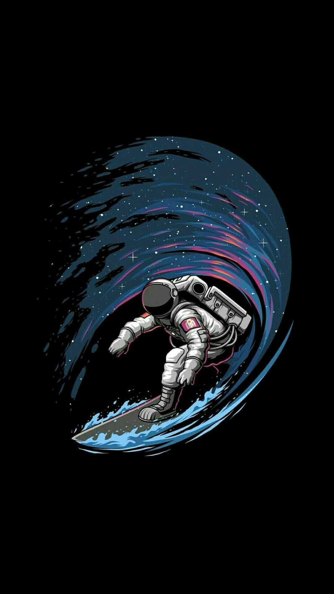 太空人 桌布 壁紙 — 一名太空人在黑色虛空中衝浪，浪花帶有星星和霓虹色調。