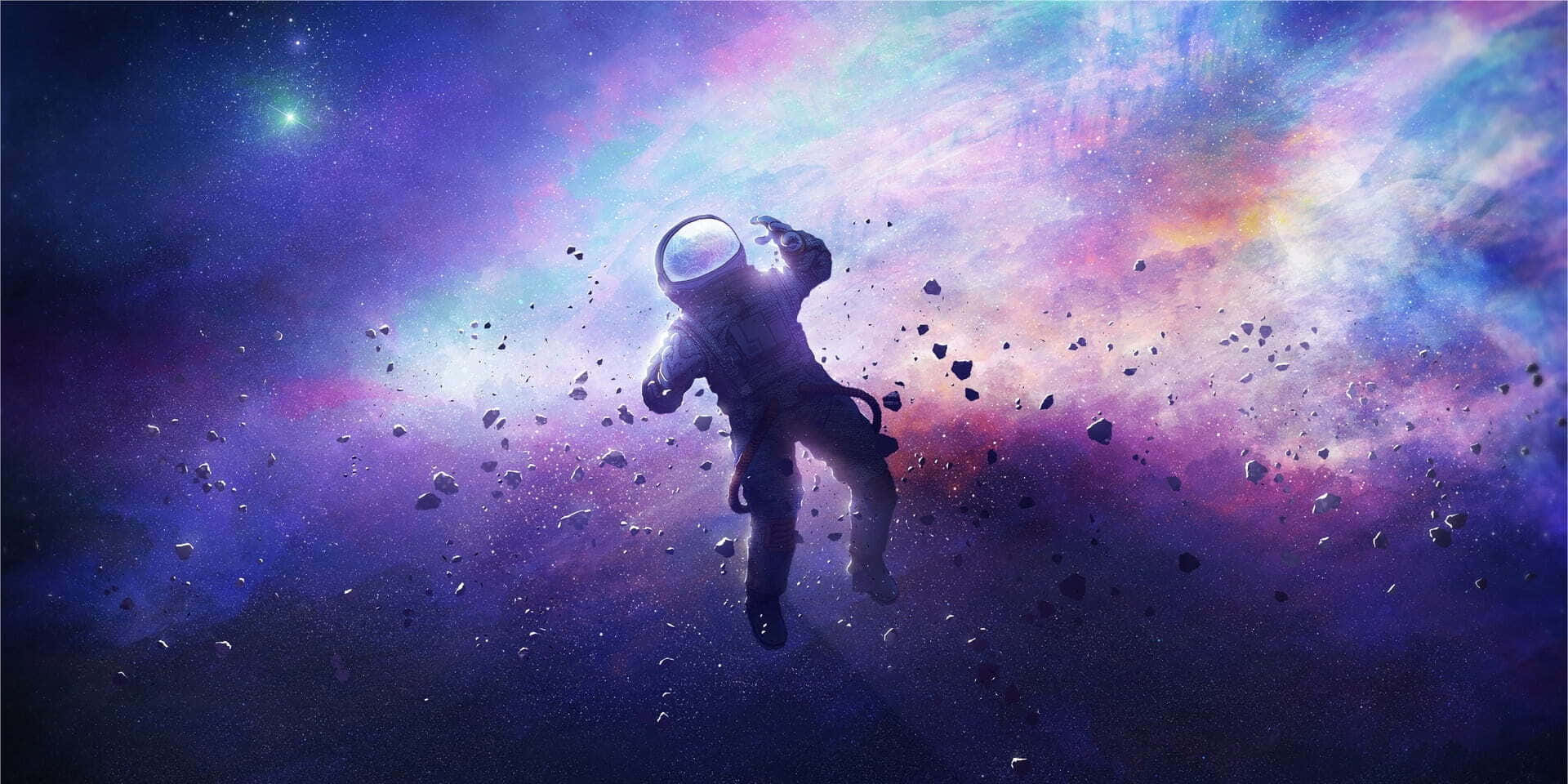 Galaxy Themed Paintings 桌布 壁紙 — 一名太空人漂浮在充滿發光氣體和漂浮小行星的充滿活力的宇宙星雲中。