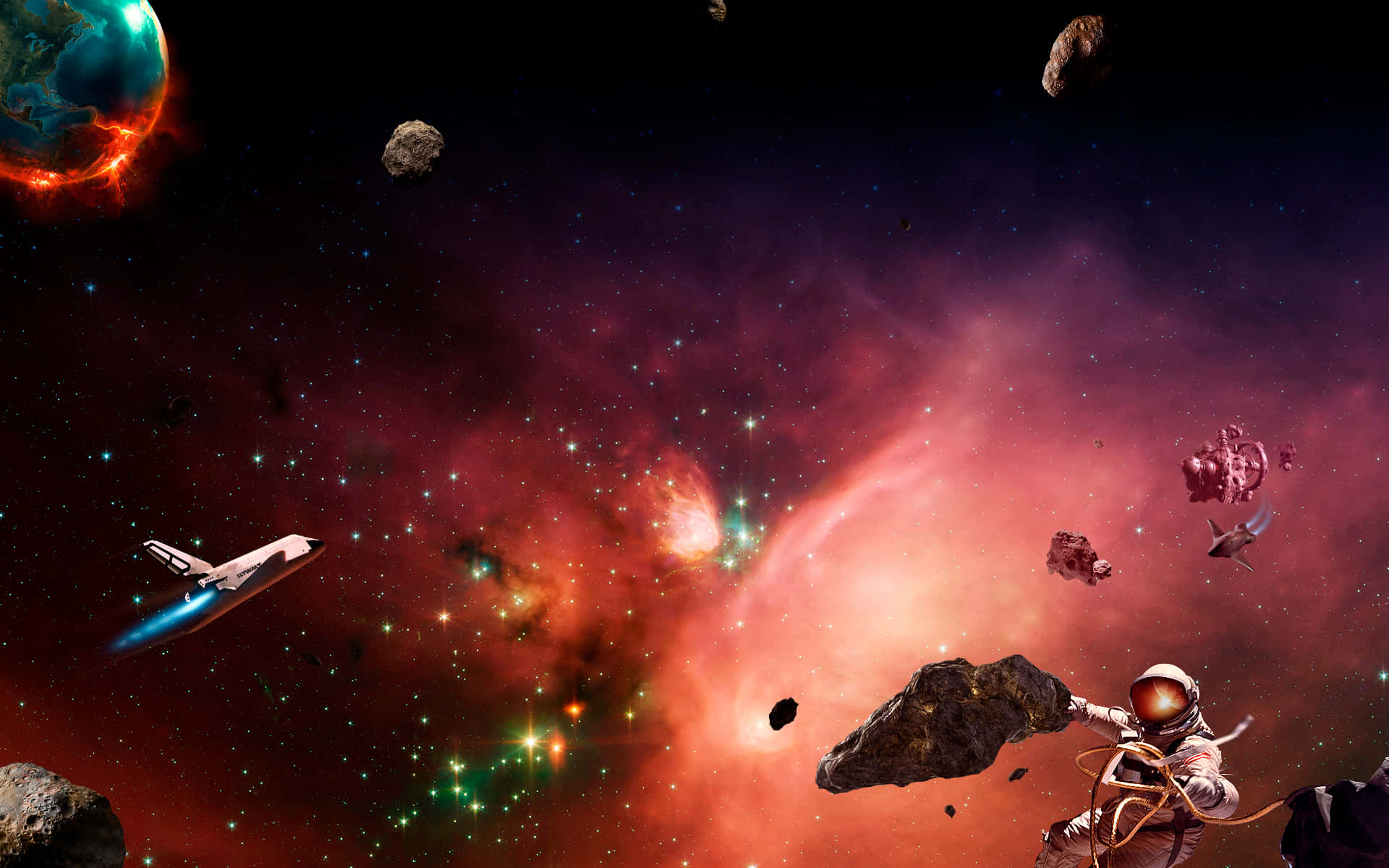Space Exploration 桌布 壁紙 — 一名太空人漂浮在發光的星雲附近，一艘太空船飛過一顆被小行星包圍的熾熱行星。