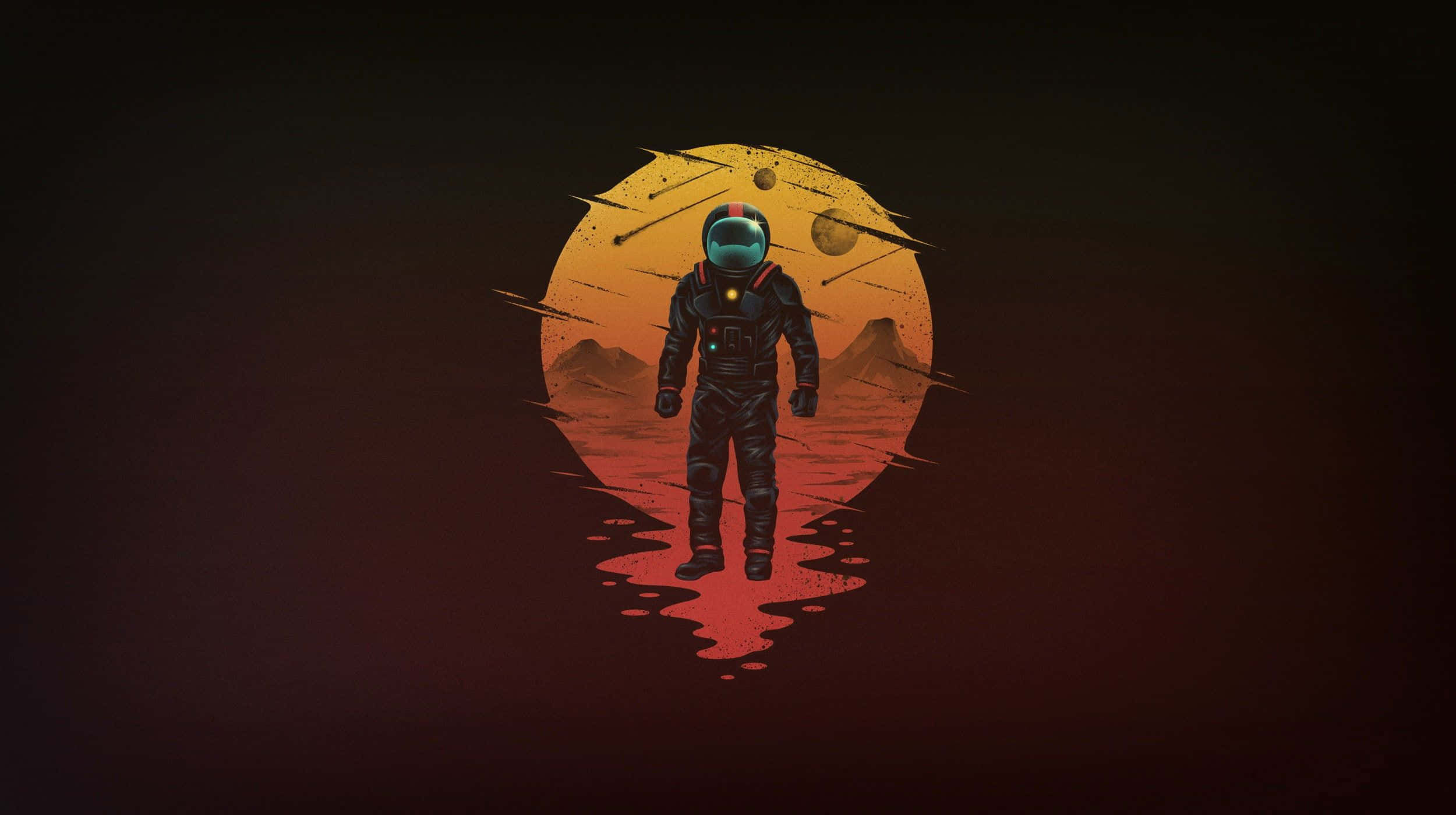 Minimal Art 桌布 壁紙 — 一名太空人獨自站在一個外星行星上，下方是發光的橙色太陽，周圍有漂浮的岩石和遠處的山脈。