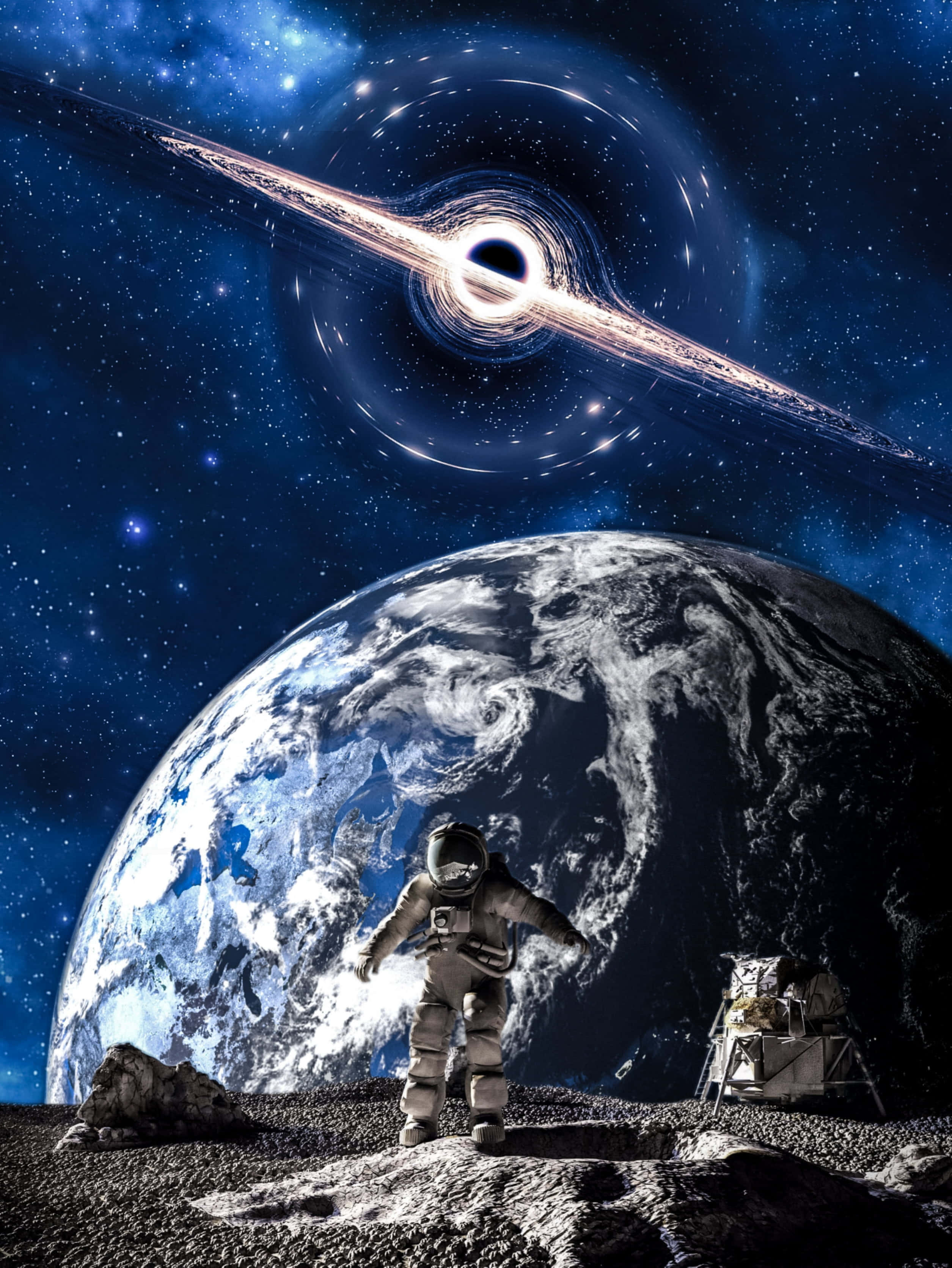 Space Mission 桌布 壁紙 — 一名太空人站在月球表面，凝視著宇宙夜空中旋轉的黑洞和地球。
