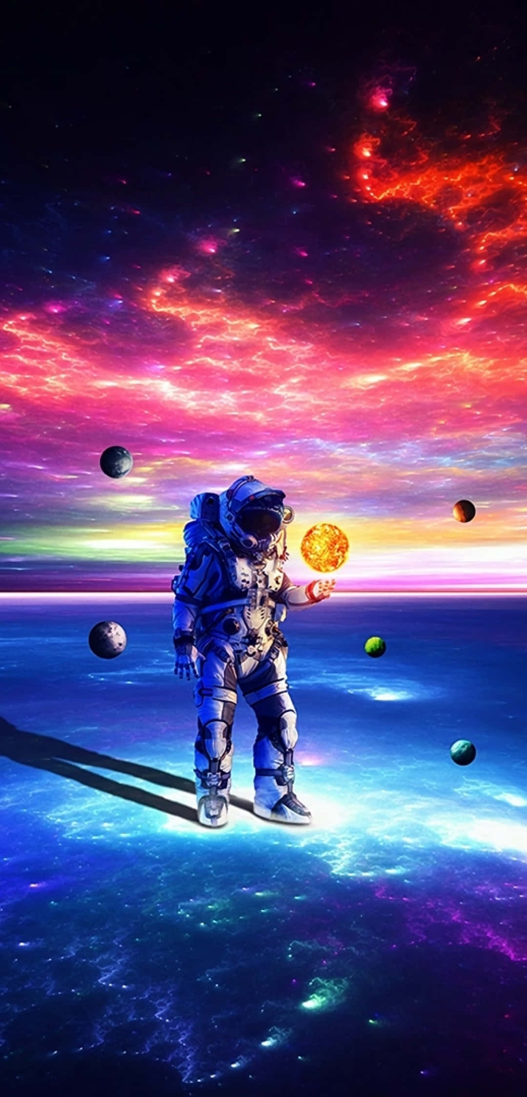 Space Exploration 桌布 壁紙 — 一名太空人站在發光的外星行星上，下方是充滿漂浮行星和熾熱星雲的 vibrant 宇宙天空。