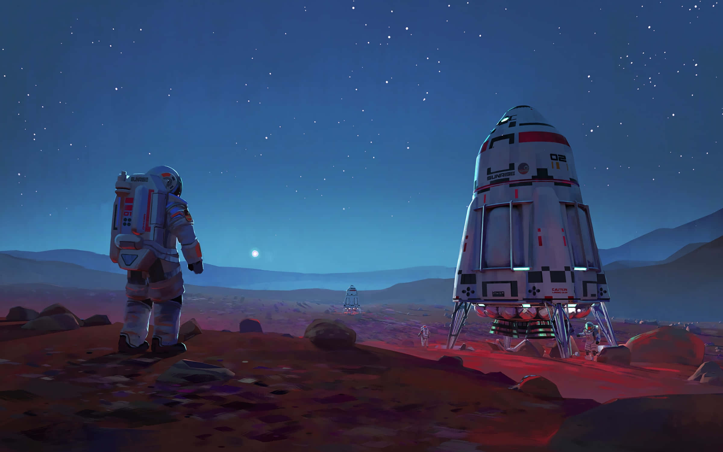 Spacecraft 桌布 壁紙 — 一名太空人站在紅色外星行星上，凝視著星空，旁邊是一艘帶有發光燈光的著陸太空船。