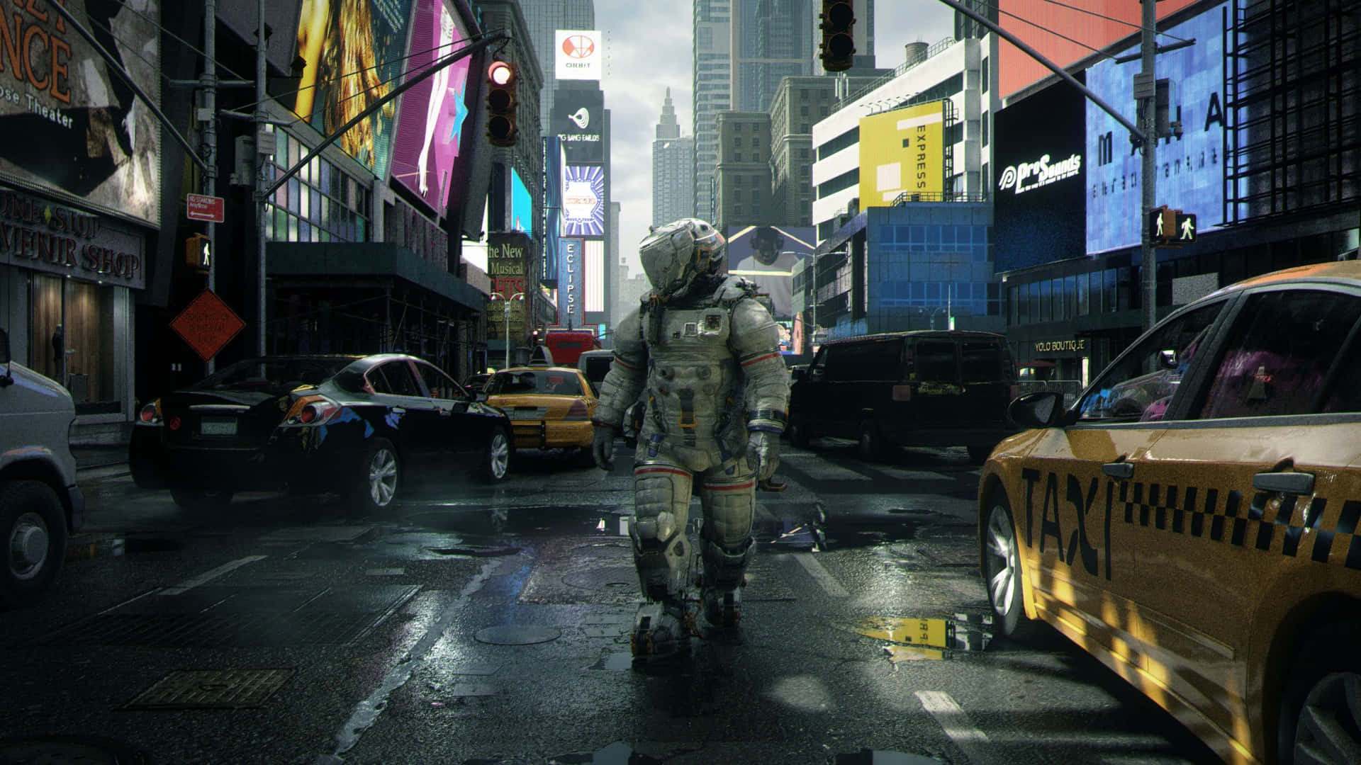 Ps5 Games 桌布 壁紙 — 一名太空人走過雨中的紐約市街道，街道上霓虹燈閃爍，有黃色的士和高聳的廣告牌。