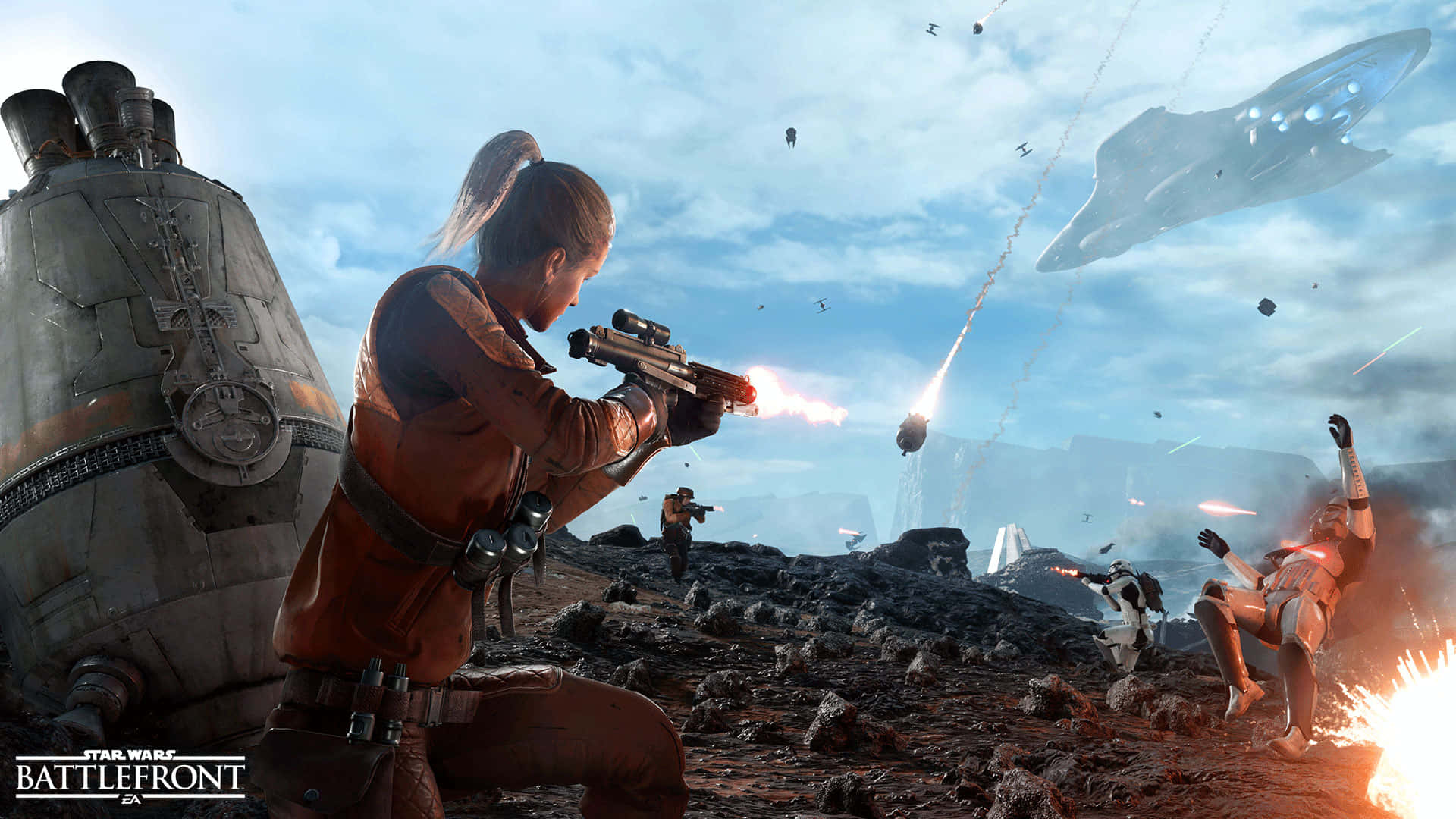 Scarif 桌布 壁紙 — 一名女兵在岩石戰場上發射爆能槍，星際戰機在上空爆炸，構成星際大戰戰鬥場景。