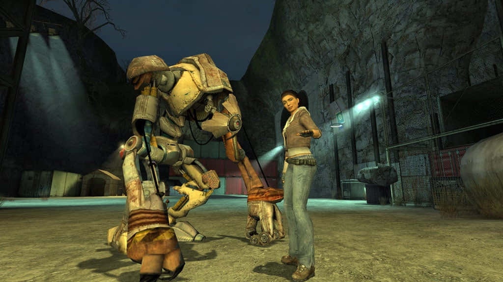 Half-life Characters 桌布 壁紙 — 一名女子在夜晚站在一條燈光昏暗的工業小巷裡，旁邊是一台破舊的大型機甲。