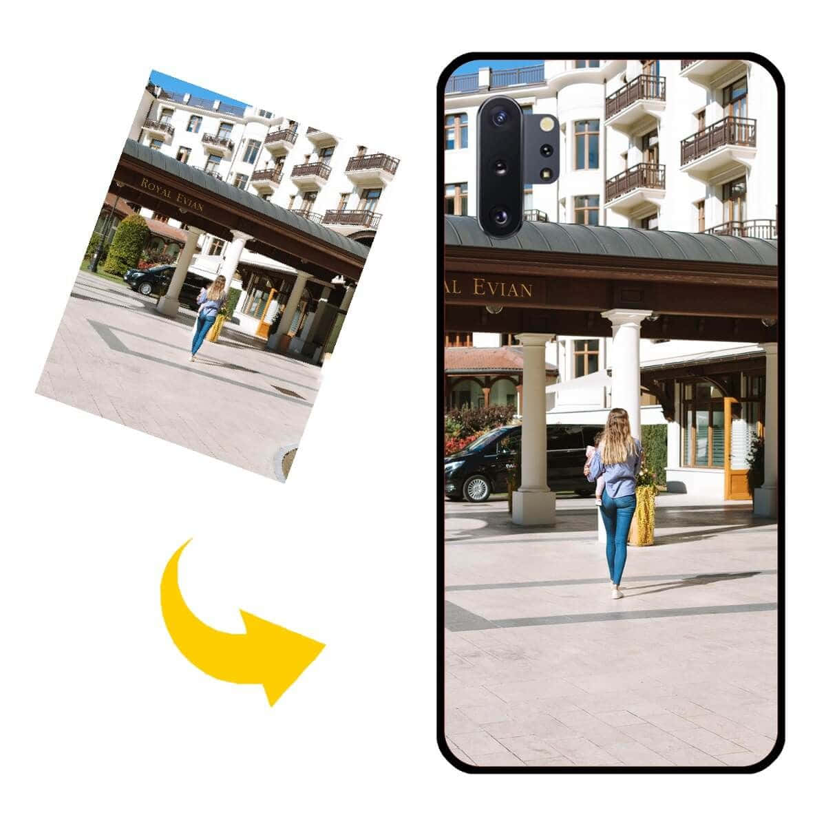 Samsung Galaxy Note 10 壁紙 — 一名女子在晴朗的天空下從皇家埃維安酒店入口走開，附近停著一輛黑色汽車。