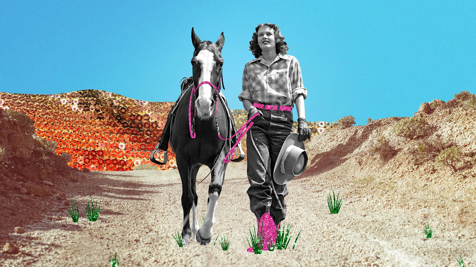 embodying the free spirit - a cowgirl's aesthetic 壁紙 — 一名女子在沙漠小徑上遛馬，周圍有超現實的粉紅色花朵和充滿活力的綠草，天空清澈湛藍。