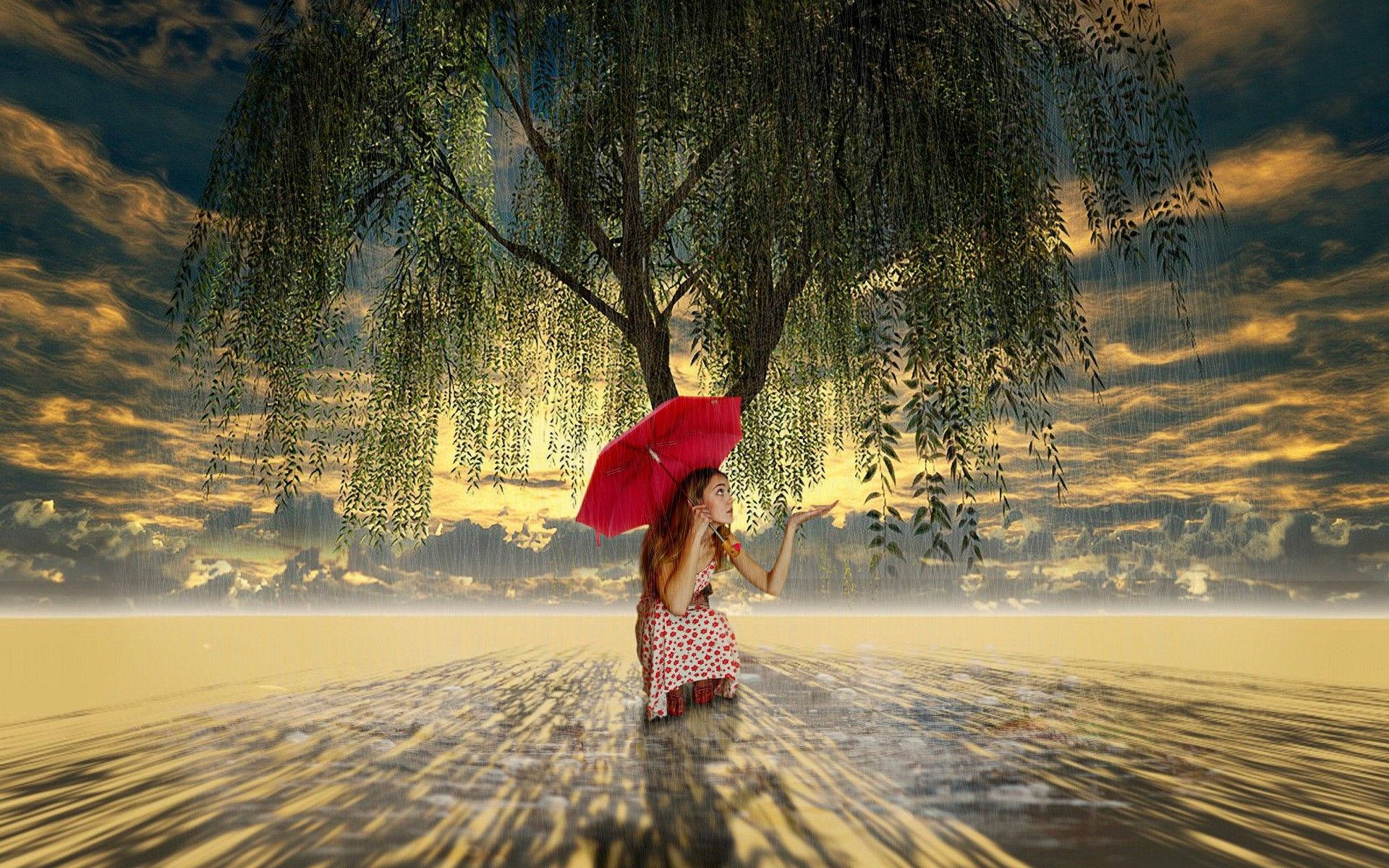 Raining 桌布 壁紙 — 一名女子撐著紅色雨傘，膝蓋深浸在水中，站在垂柳下，金色的雨在戲劇性的日落天空下飄落。