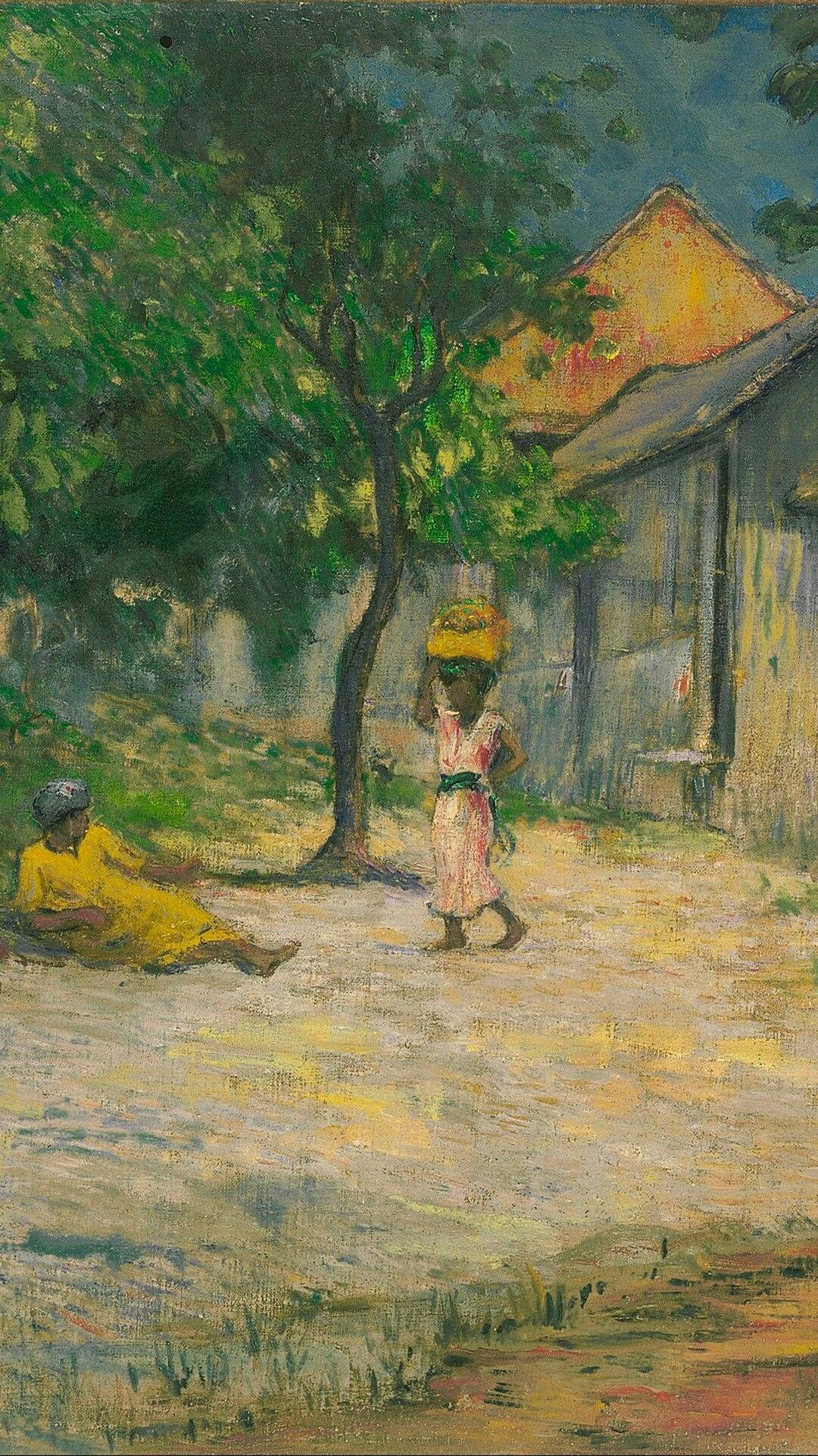 Painting 桌布 壁紙 — 一名女子頭頂籃子，走過一棵樹，樹上另一名穿黃色衣服的人正躺在一間房子附近的泥路上。