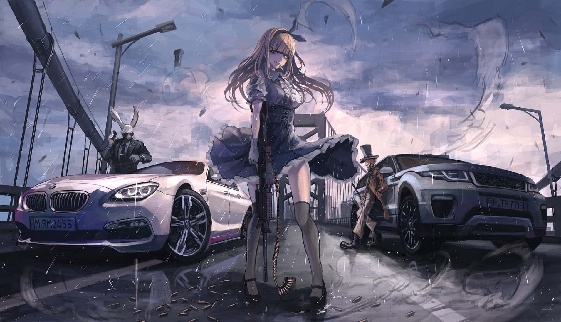 一名女孩站在汽車旁 壁紙