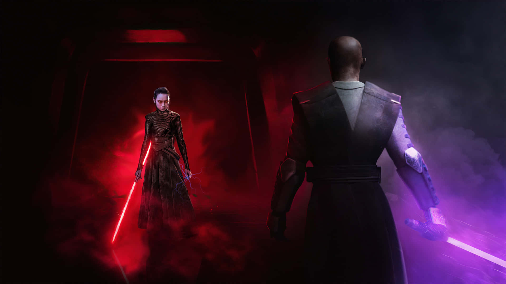 Sith Lord 桌布 壁紙 — 一名女戰士手持紅色光劍，在黑暗煙霧瀰漫的走廊中面對一名禿頭男戰士手持紫色光劍。