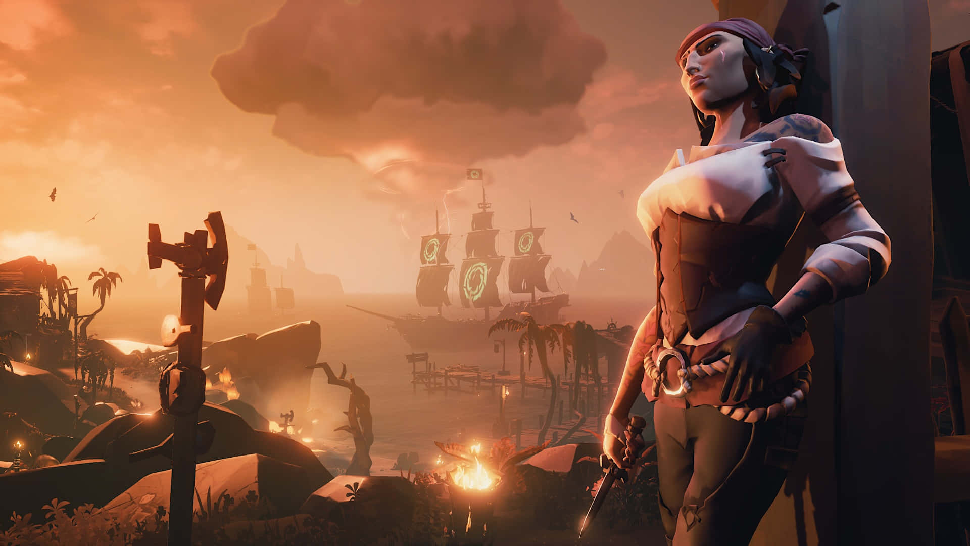 Sea Of Thieves 桌布 壁紙 — 一名女海盜站在熱帶海岸的日落時分，一艘幽靈船在迷霧中航行。
