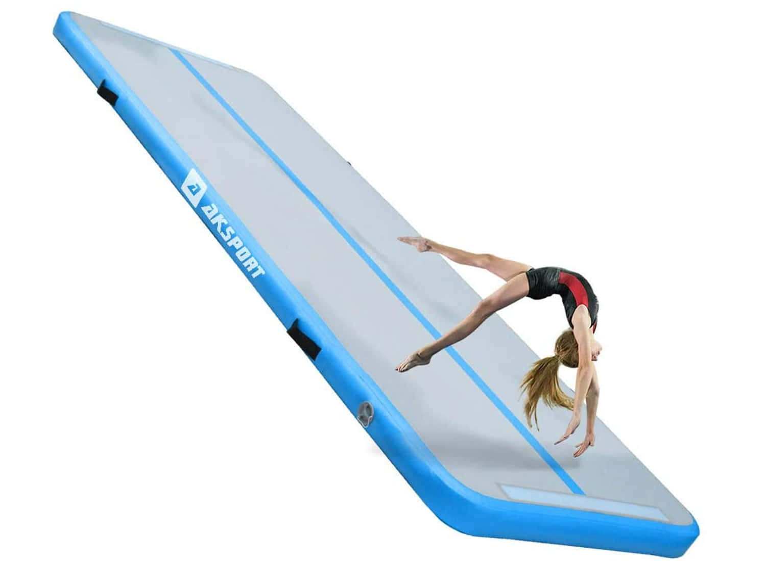 Gymnastics Mat 桌布 壁紙 — 一名女體操運動員在藍灰色充氣體操墊上，以純白色背景為襯，做出一個充滿動感的後手翻。