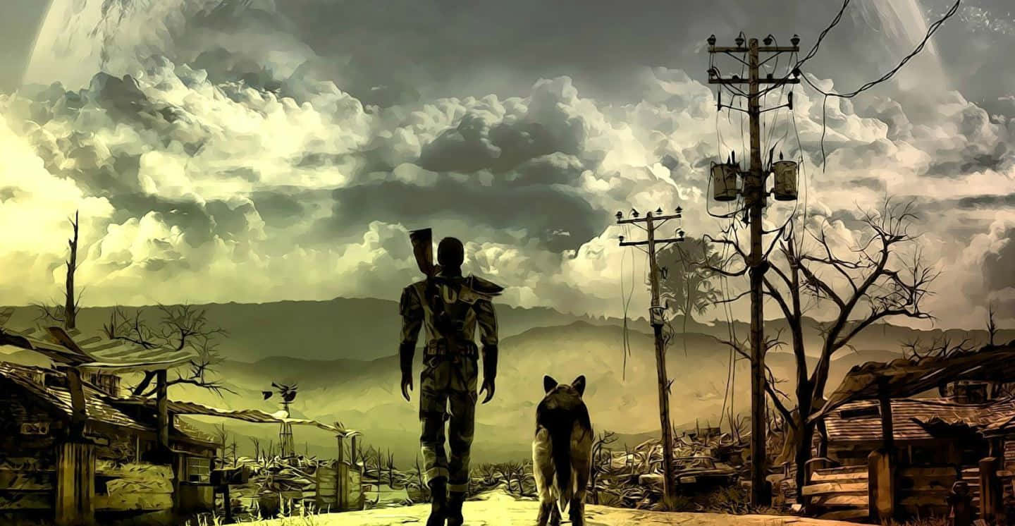 Fallout 4 Dogmeat 桌布 壁紙 — 一名孤獨的士兵和他的狗在風暴天空下走過荒涼的末世後村莊。