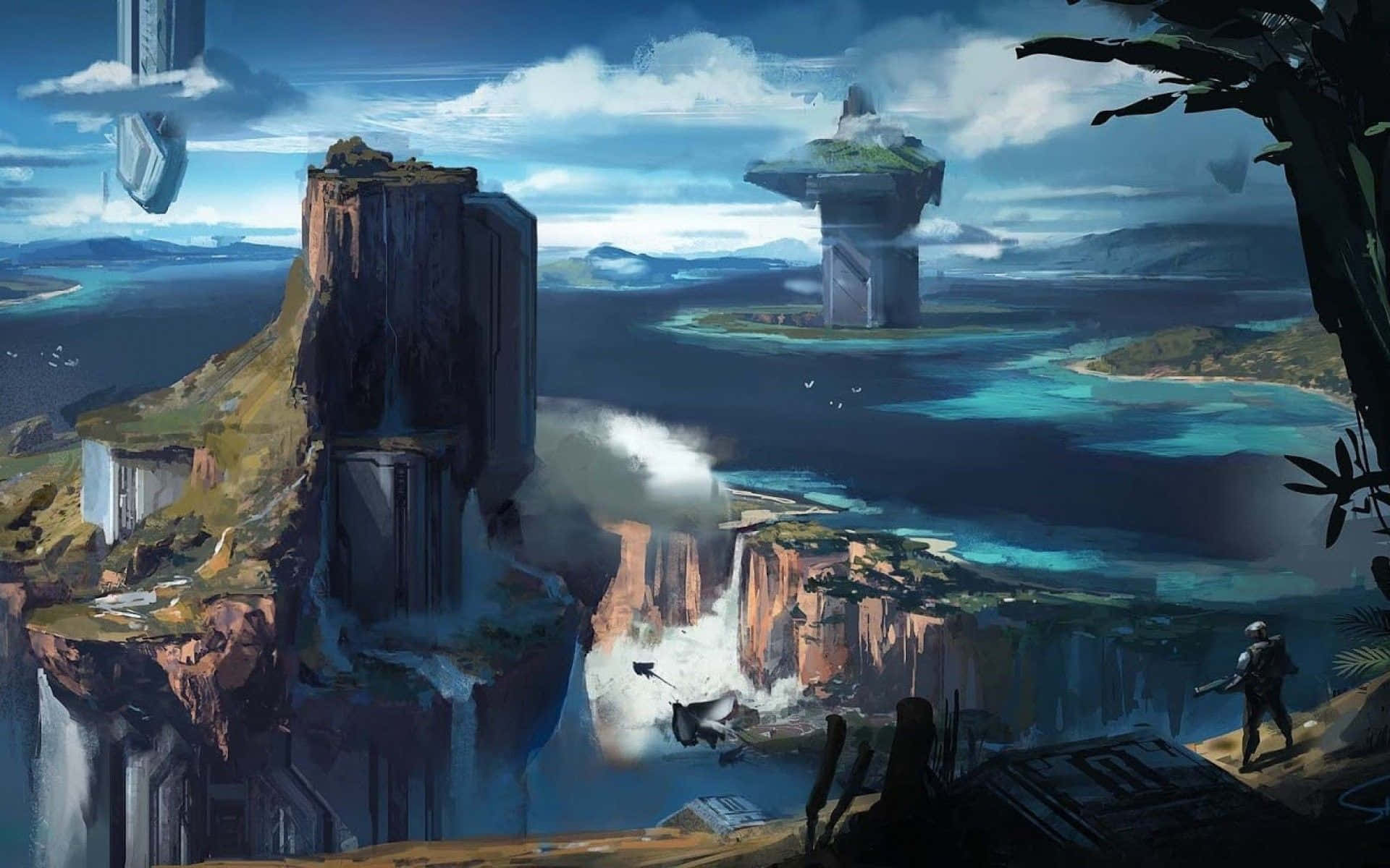 Halo Forerunner 桌布 壁紙 — 一名孤獨的士兵站在懸崖上，俯瞰著廣闊的海洋，海面上漂浮著未來風格的廢墟，還有一道瀑布傾瀉入海。