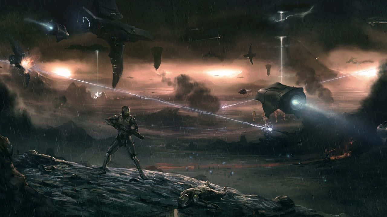 Halo Forerunner 桌布 壁紙 — 一名孤獨的士兵站在被雨水浸濕的懸崖上，巨大的戰艦在黃昏的暴風雨外星戰場上發射激光。