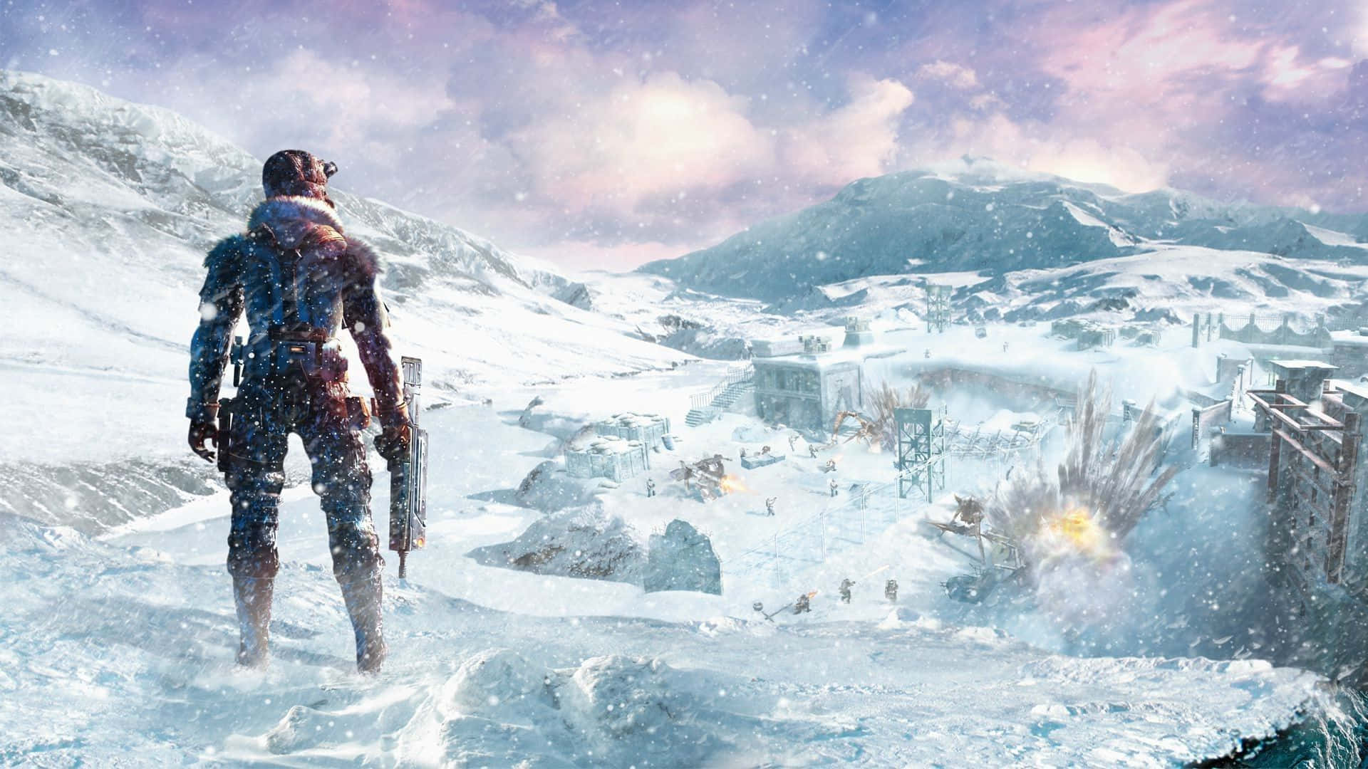 Winter Games 桌布 壁紙 — 一名孤獨的士兵身穿重型裝備，站在雪崖上俯瞰著結冰的戰場，下方有爆炸和遠處的人影。