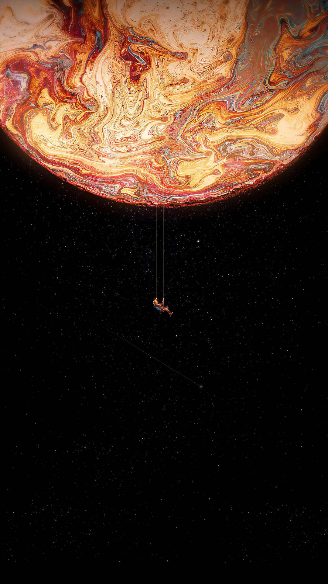  壁紙 — 一名孤獨的太空人在一個巨大旋轉、帶有火橙色和琥珀色雲層的行星下方漂浮，背景是繁星點點的虛空。