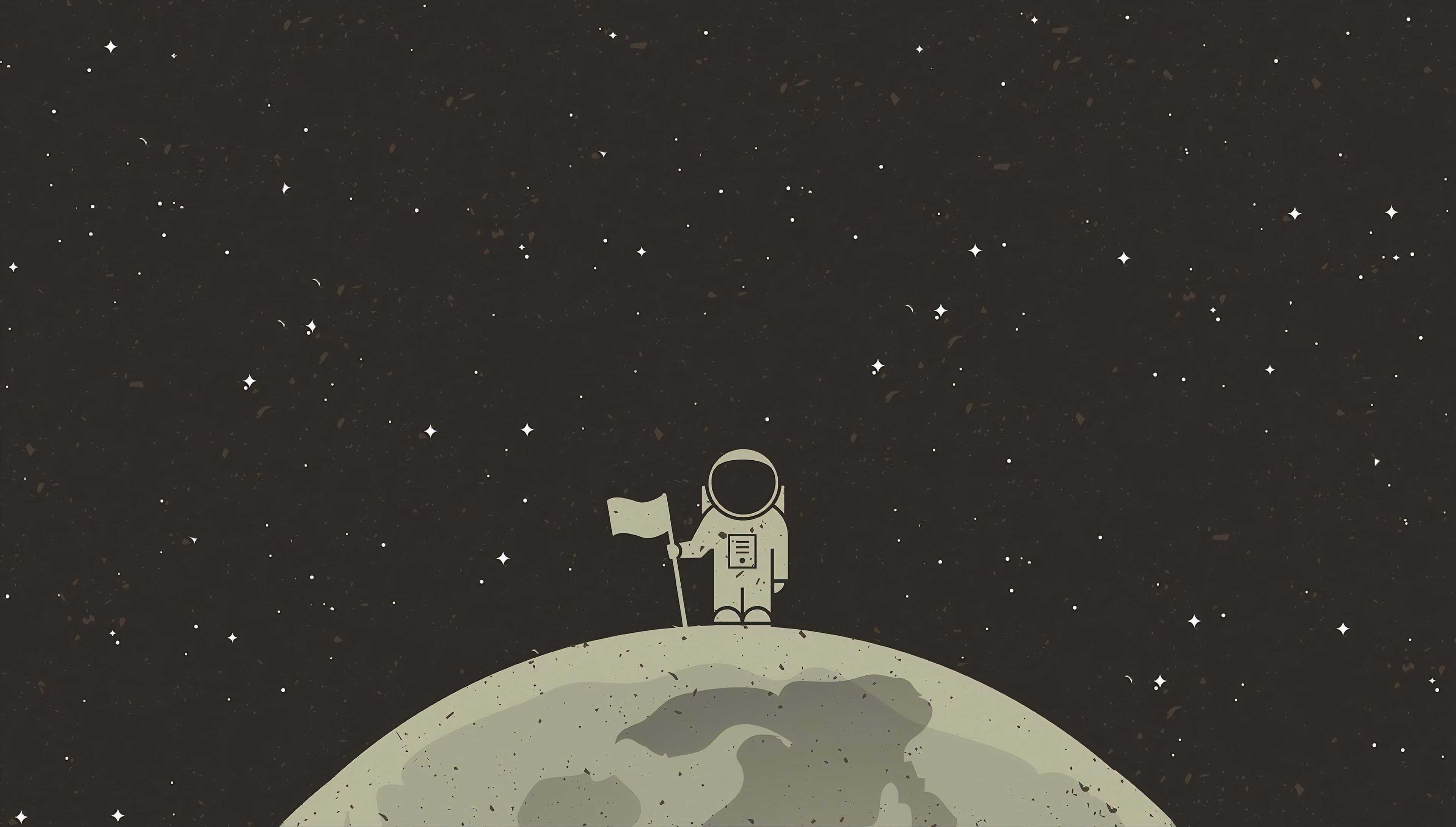 Minimalist Space 桌布 壁紙 — 一名孤獨的太空人站在佈滿隕石坑的月球頂上，在繁星點點的夜空下舉著旗幟。