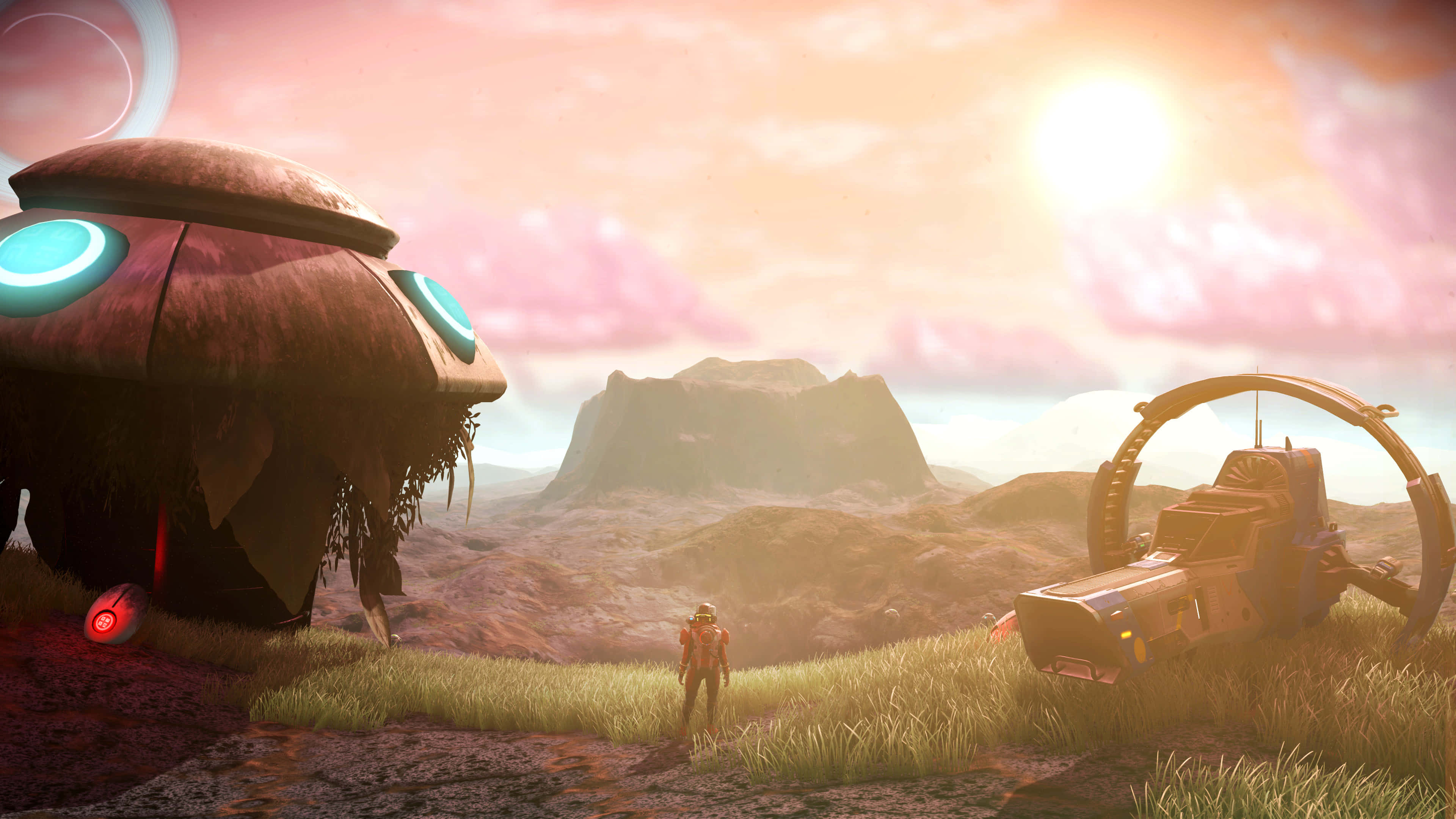 Sci Fi Games 桌布 壁紙 — 一名孤獨的太空人站在長滿草的外星行星上，旁邊是一艘墜毀的太空船和一個發光的圓頂結構，背景是粉紅色的日落。