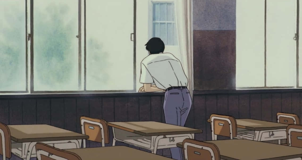 Studio Ghibli Ocean Waves 桌布 壁紙 — 一名孤獨的學生在學校課室裡站在窗邊，靜靜地凝視窗外。