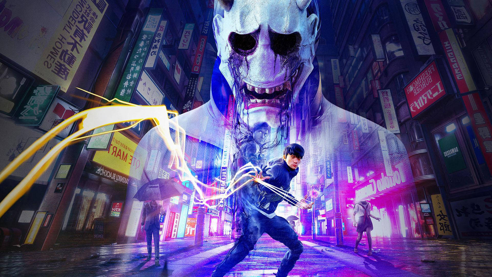 《Ghostwire Tokyo》Akito 壁紙 — 一名孤獨的戰士在夜晚霓虹燈閃爍的賽博龐克東京小巷中與一個巨大的惡魔面具戰鬥。