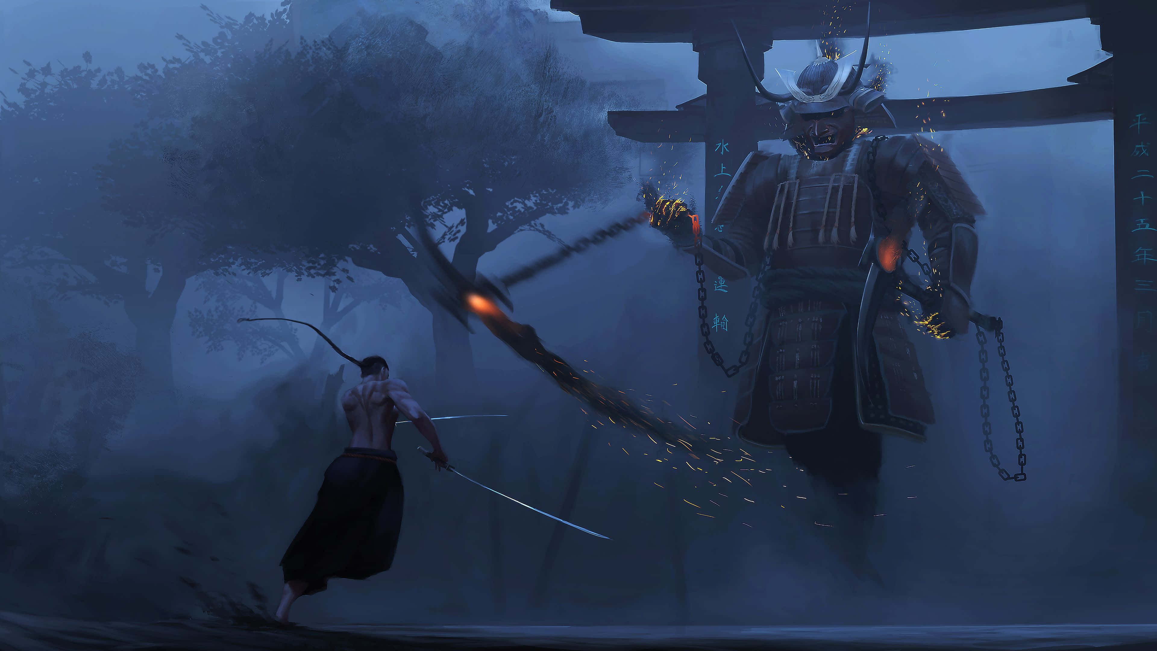 Samurai X 桌布 壁紙 — 一名孤獨的戰士在黑暗森林中霧氣瀰漫的鳥居下斬擊一個幽靈武士守護者。