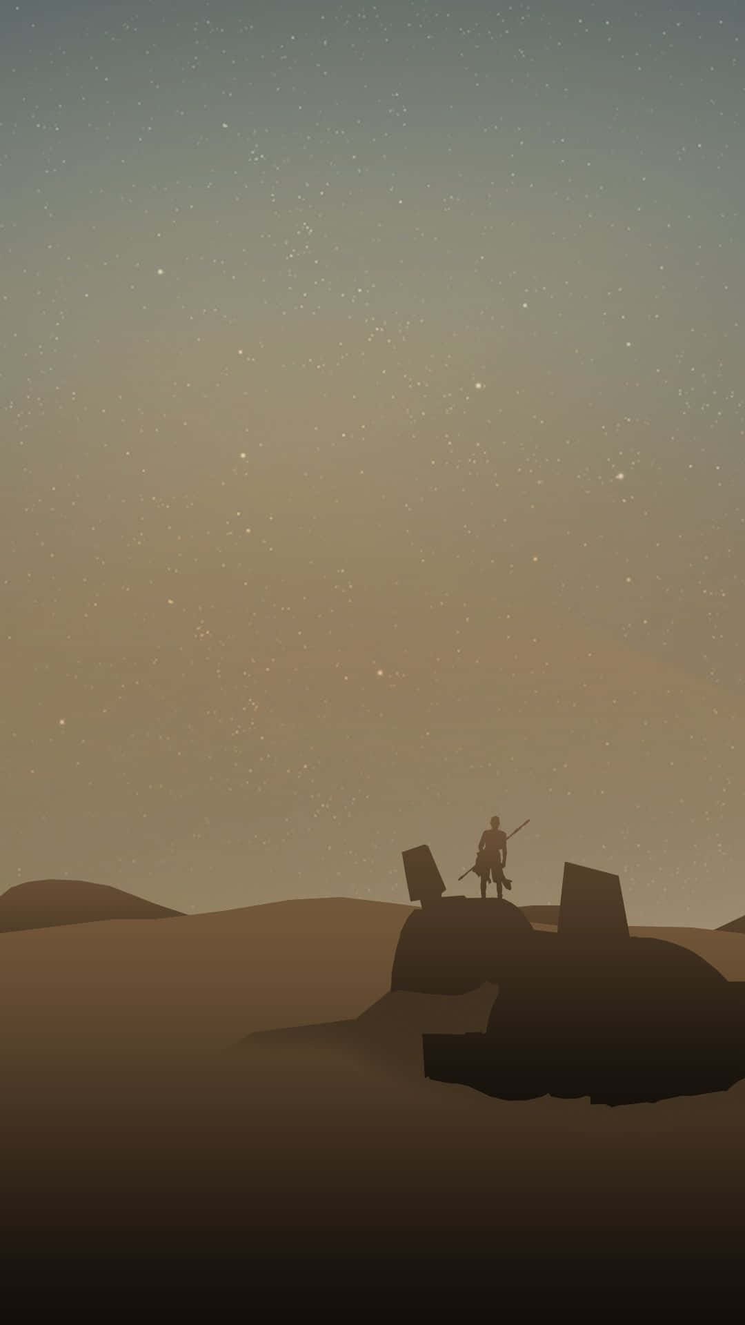 Jakku 桌布 壁紙 — 一名孤獨的戰士站在被摧毀的坦克上，背景是暮色中繁星點點的沙漠天空。