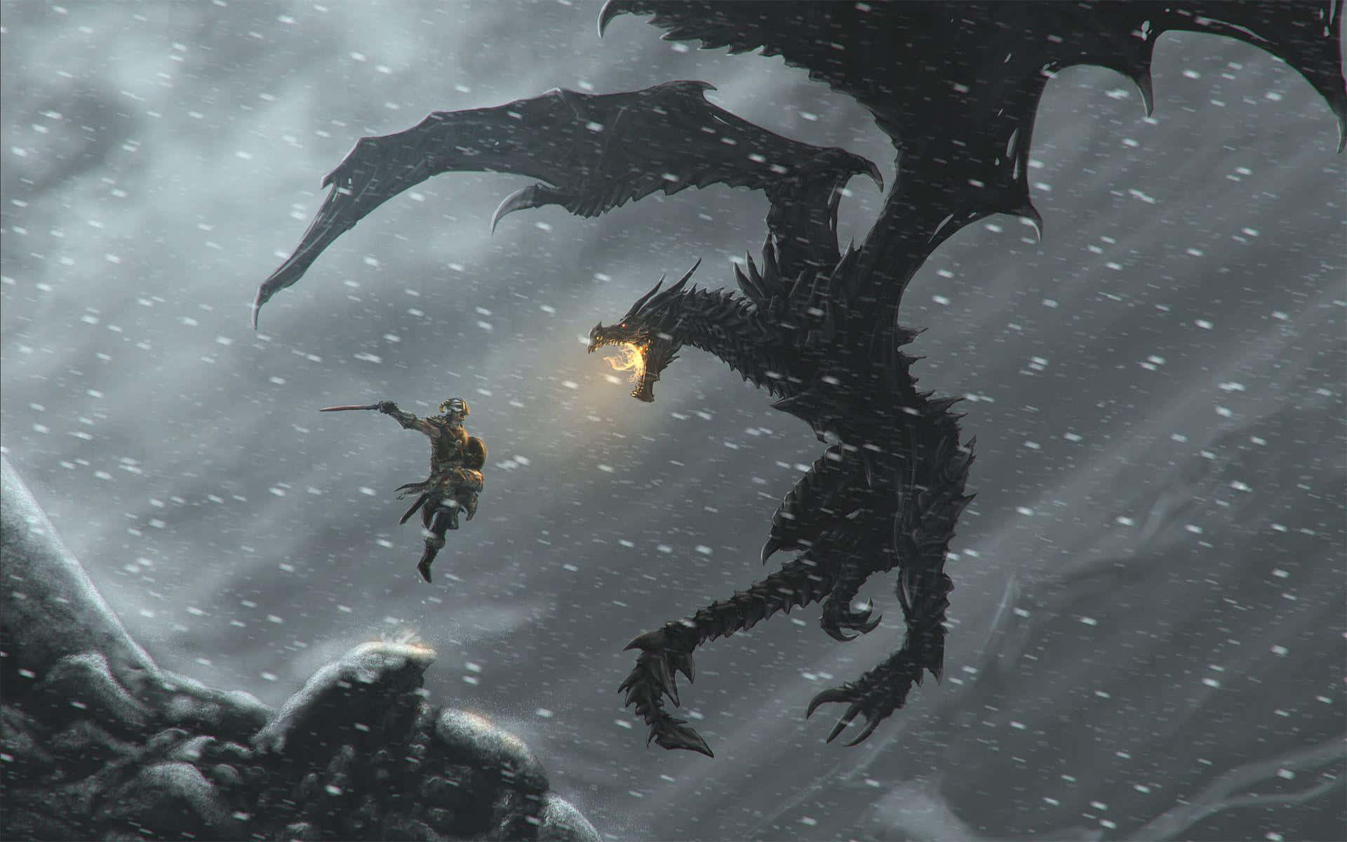 Skyrim Dragonborn 桌布 壁紙 — 一名孤獨的戰士跳向一隻巨大的黑色巨龍，在暴風雪中於崎嶇的雪崖上噴火。