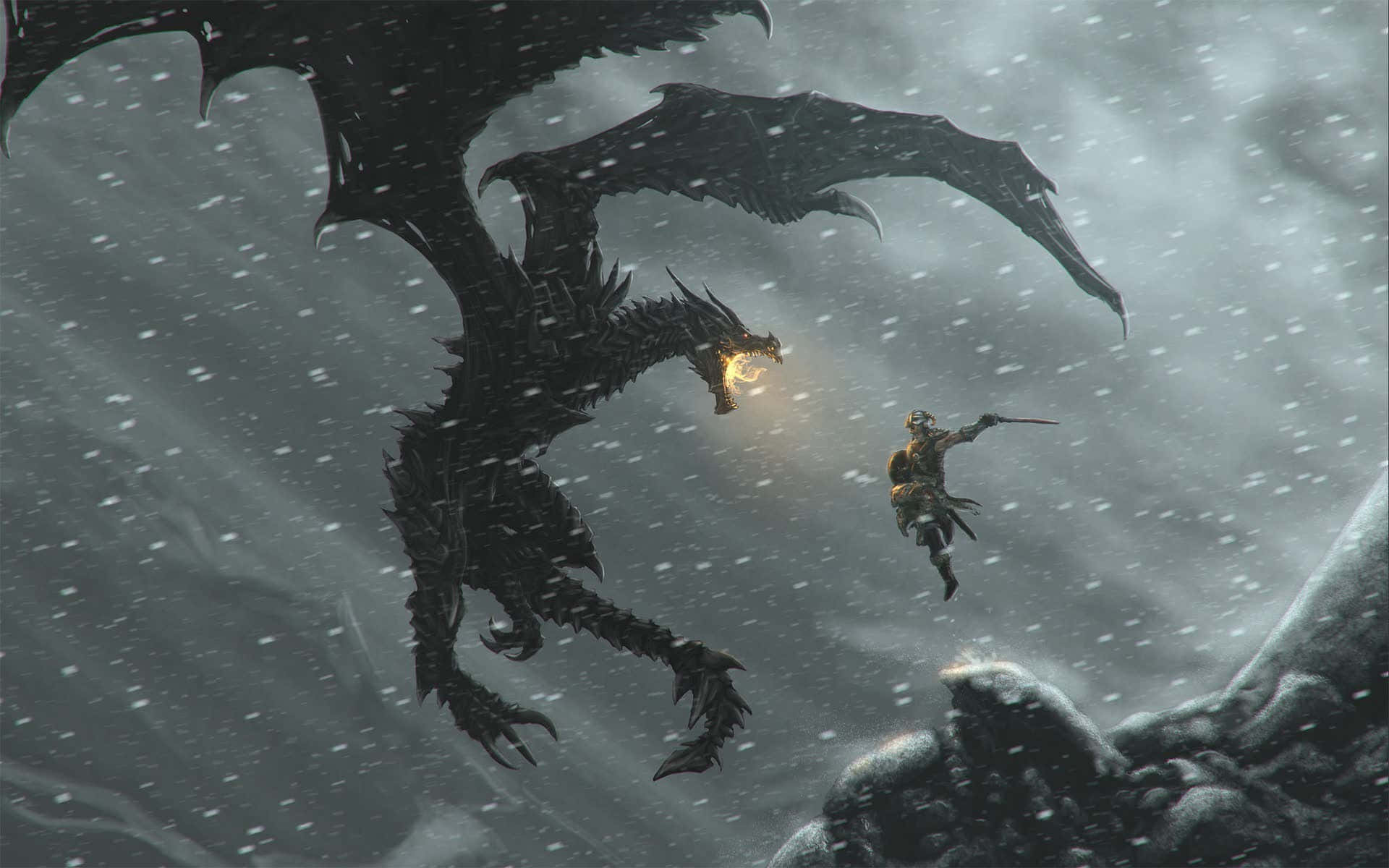 dovahkiin 桌布 壁紙 — 一名孤獨的戰士躍向一隻在雪崖上暴風雪中噴火的巨型黑龍。