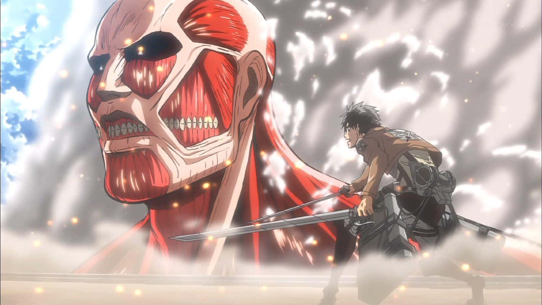 Attack On Titan Season 3 桌布 壁紙 — 一名孤獨的戰士身穿裝備，在暴風雨的天空中與巨大的紅眼泰坦戰鬥，伴隨著發光的粒子。