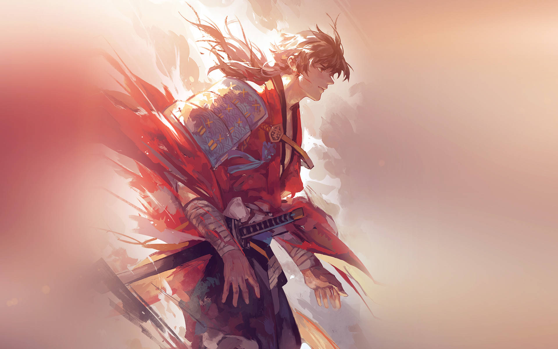 身穿紅色盔甲的動漫武士戰士揮舞著劍，飄逸的頭髮和發光的背景。
