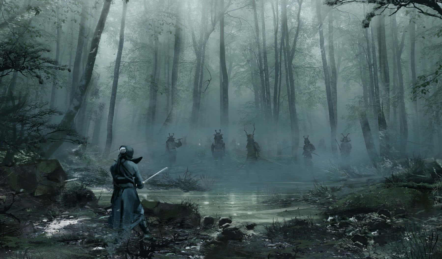 武士 桌布 壁紙 — 一名孤獨的武士站在迷霧森林中，隔著淺溪面對一群身穿鎧甲的戰士。