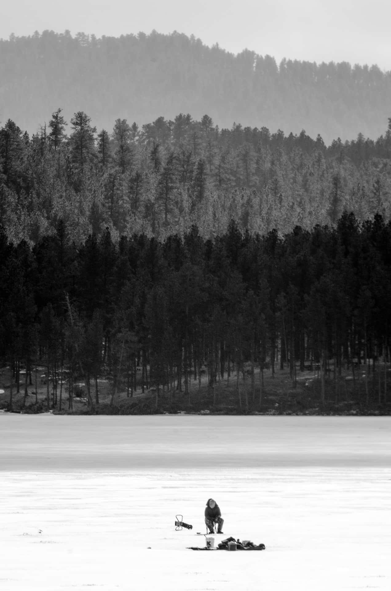 Ice Fishing 桌布 壁紙 — 一名孤獨的漁夫跪在冰凍的湖面上，四周是茂密的松林和霧氣繚繞的山巒，呈現單色調。