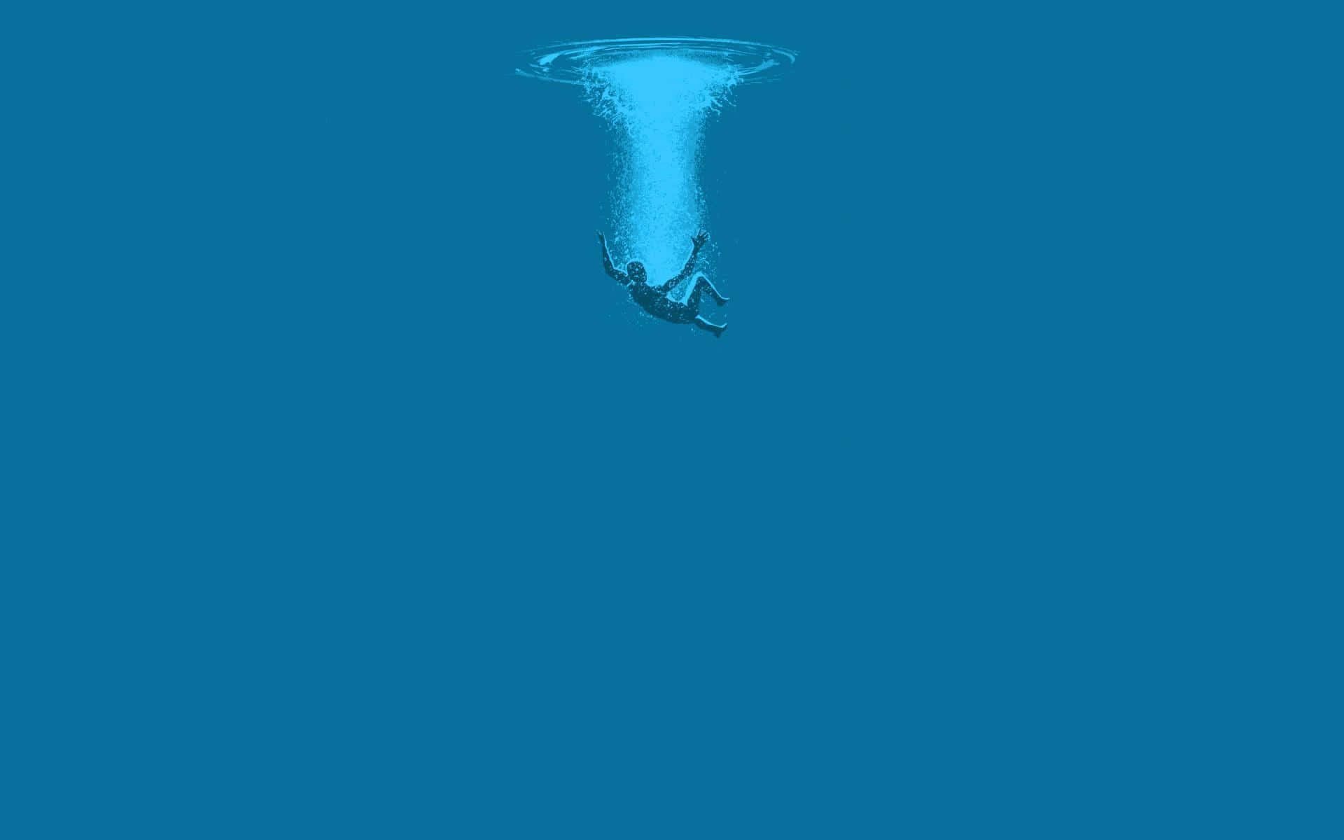 Minimalist Ocean 桌布 壁紙 — 一名孤獨的潛水員在廣闊的藍色海洋背景下衝入旋轉的水下漩渦。