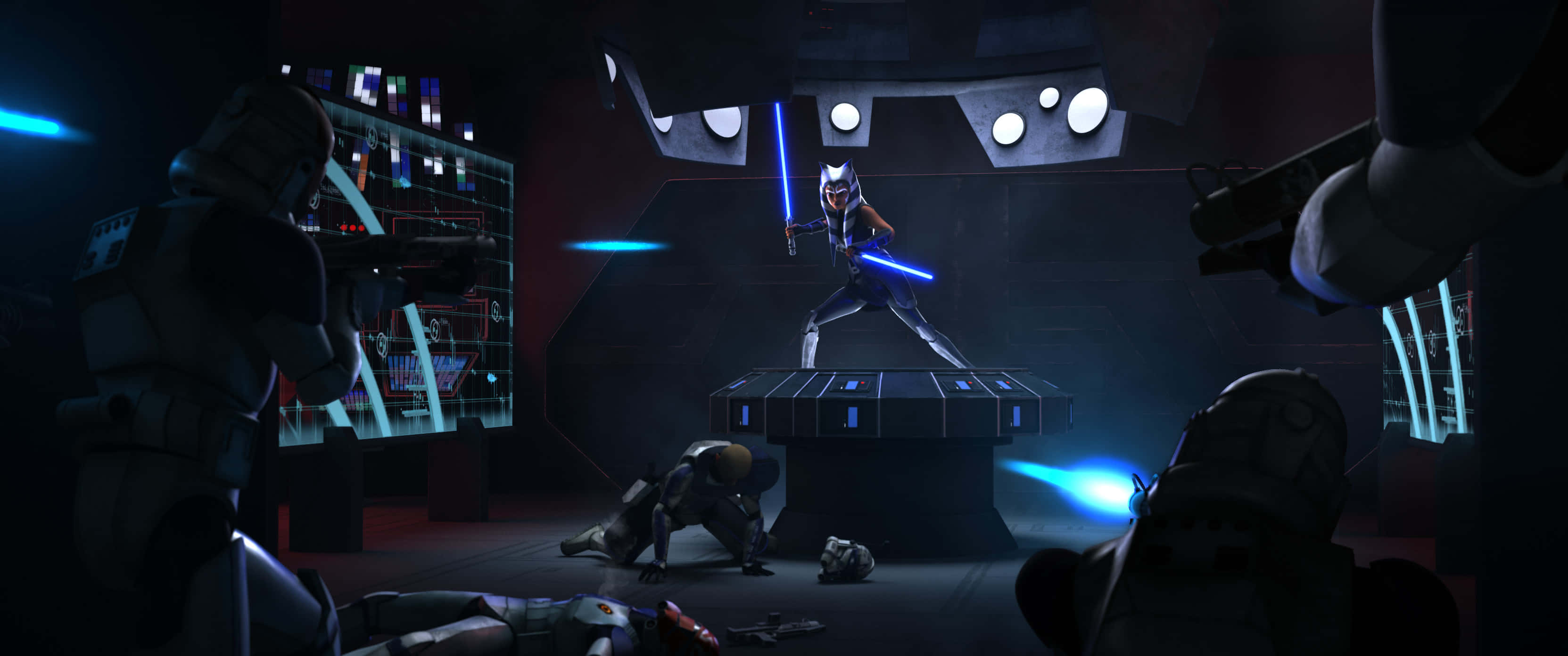 The Order 66 桌布 壁紙 — 一名孤獨的絕地武士站在平台上，揮舞著兩把藍色光劍，而風暴兵在昏暗的未來風格房間中瞄準武器。