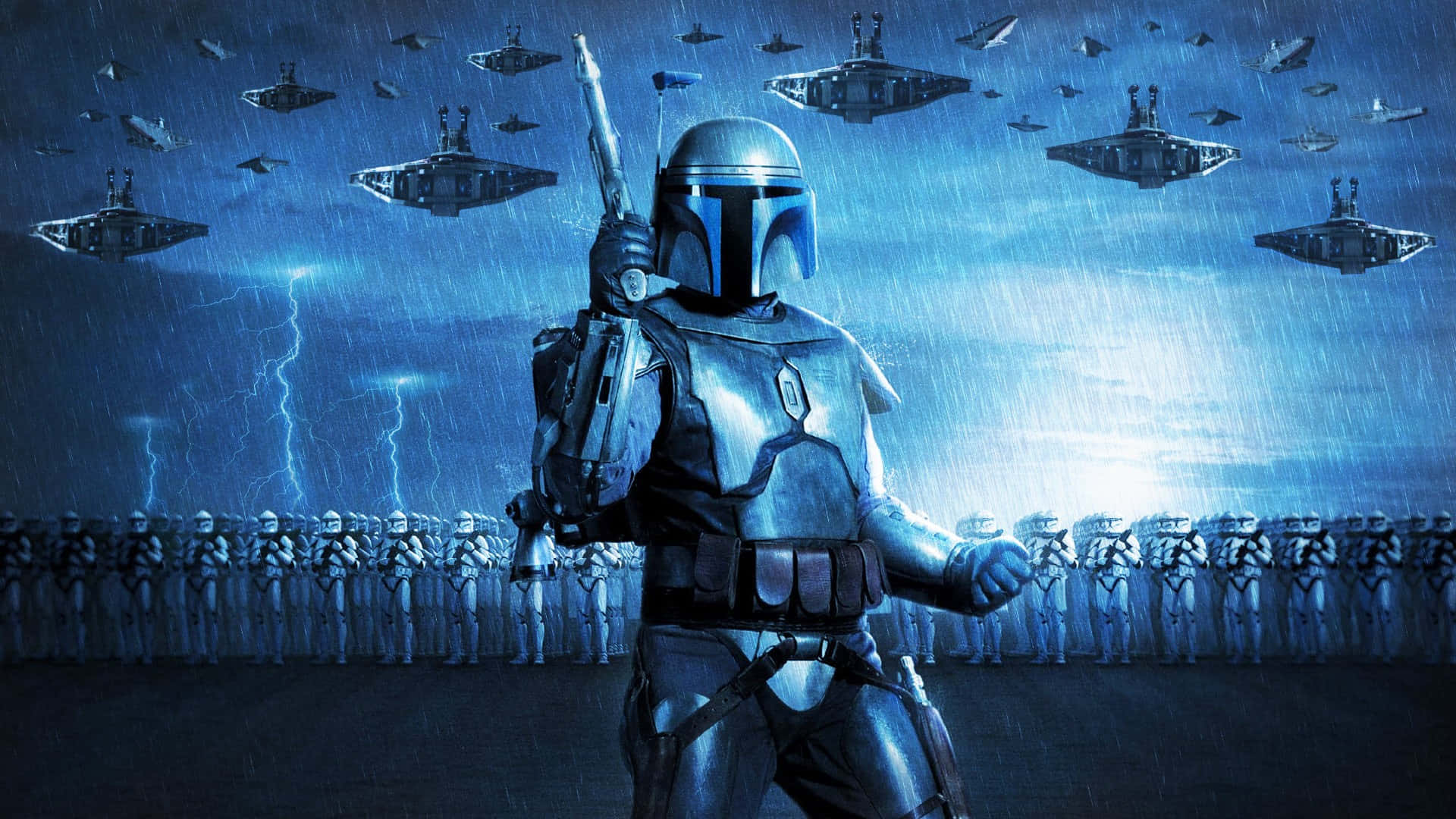The War Of The Bounty Hunters 桌布 壁紙 — 一名孤獨的裝甲戰士在暴風雨的天空下，在雨中挑釁地站立，星艦在上方盤旋，衝鋒隊在地面列陣。