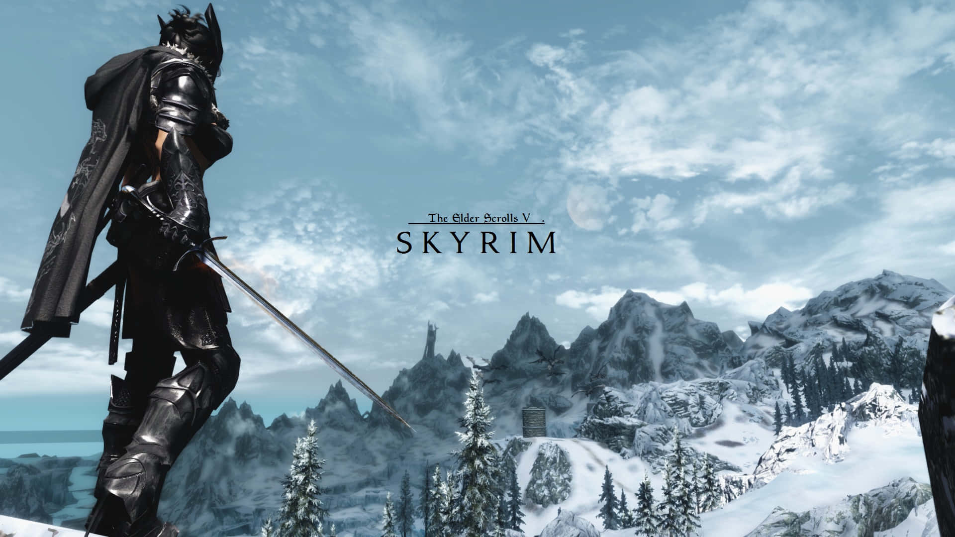 dovahkiin 桌布 壁紙 — 一名孤獨的裝甲戰士站在白雪覆蓋的山頂上，俯瞰著多雲天空下廣闊的冰凍景觀。