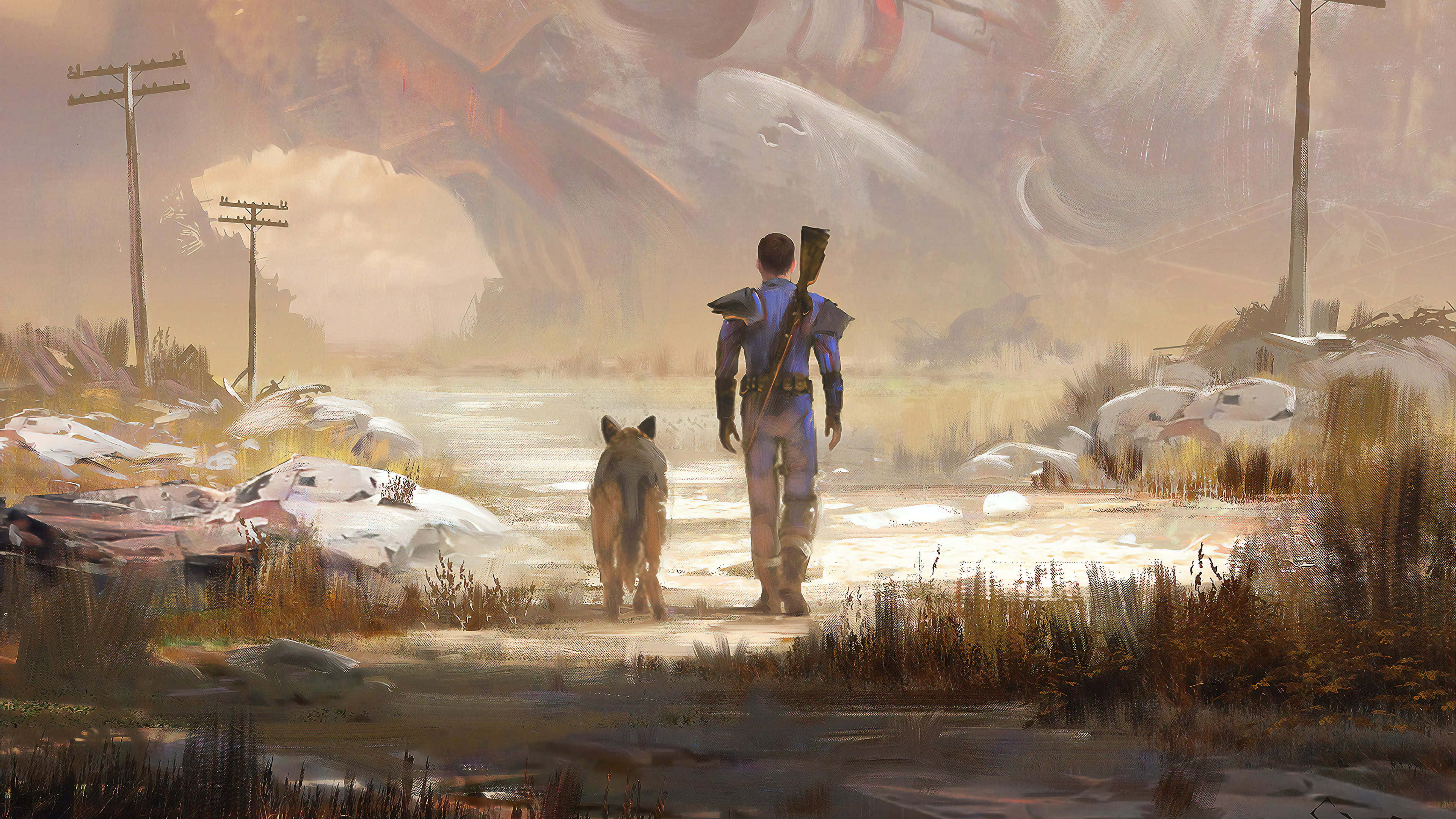 Fallout 4 Dogmeat 桌布 壁紙 — 一名孤獨的裝甲戰士與一匹狼在朦朧的天空下，穿過荒涼、積雪覆蓋的荒野。