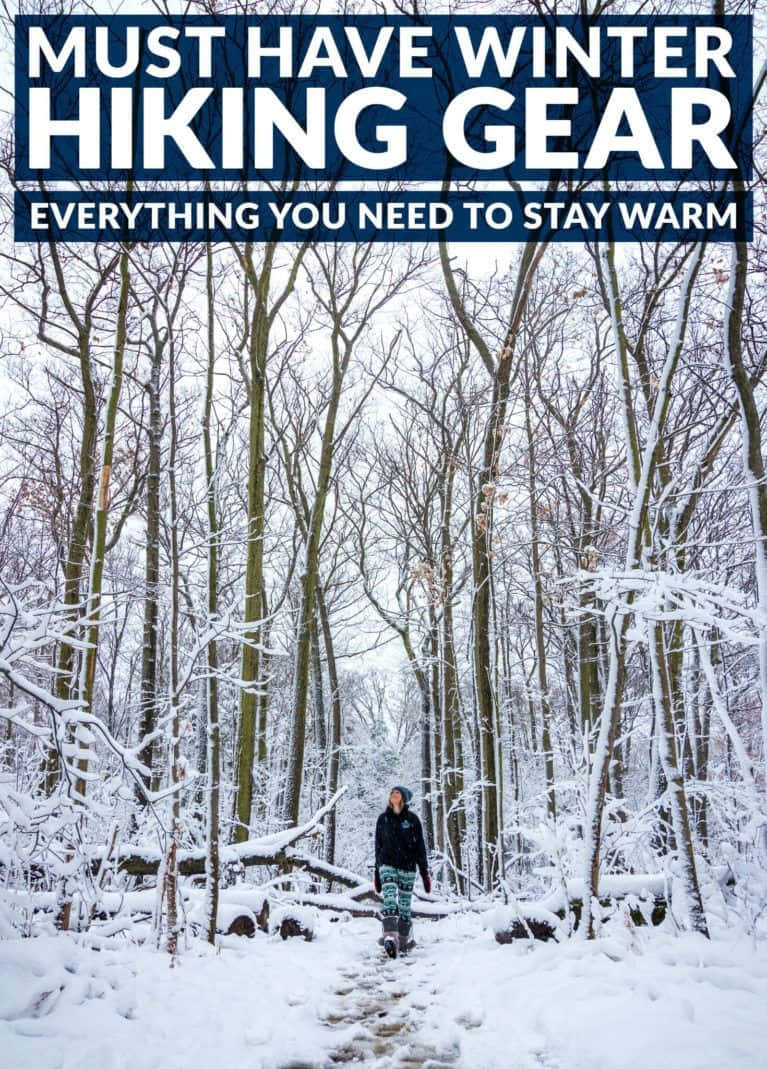 Winter Hiking 桌布 壁紙 — 一名孤獨的遠足者穿過白雪覆蓋的森林，樹木光禿，天空多雲。