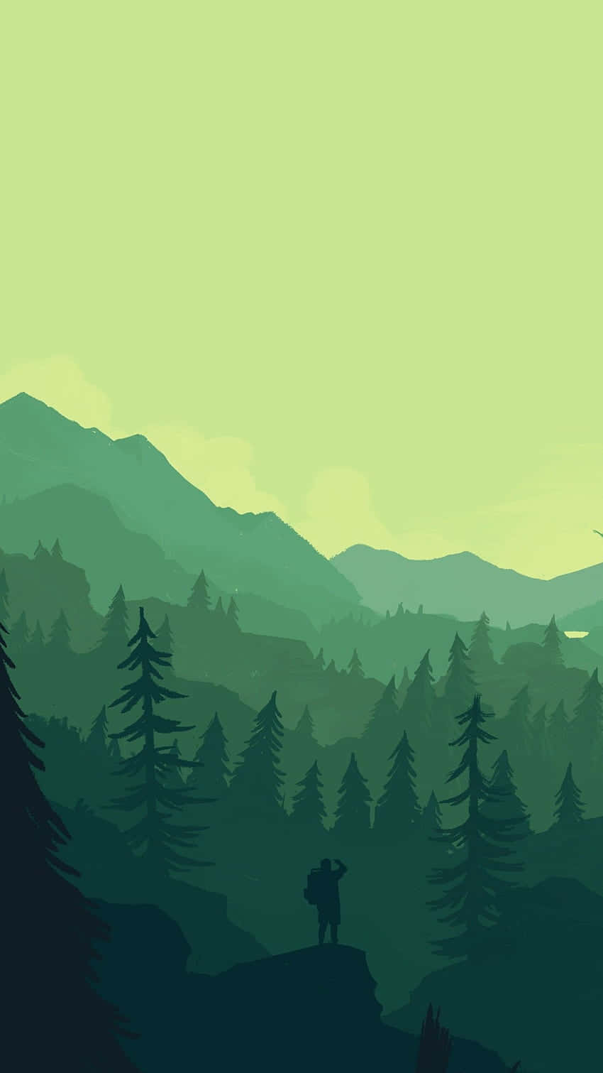 Green Forest 桌布 壁紙 — 一名孤獨的遠足者站在懸崖上，俯瞰著層層疊疊的綠色山脈和松樹林，天空呈現柔和的黃色。