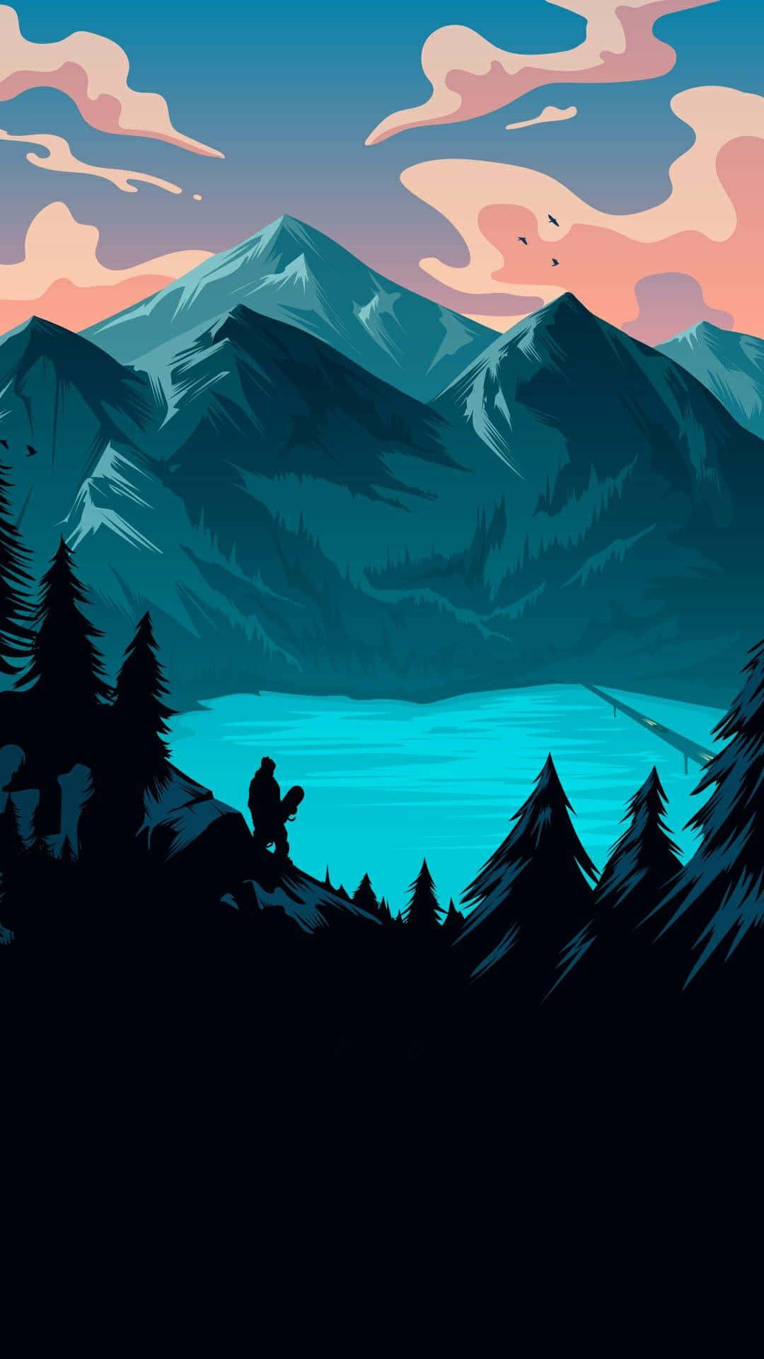 Minimalist Phone 桌布 壁紙 — 一名孤獨的遠足者站在懸崖上，俯瞰著一個被高聳的青綠色山脈環繞的綠松石色湖泊，天空呈現柔和粉彩的日落色彩。
