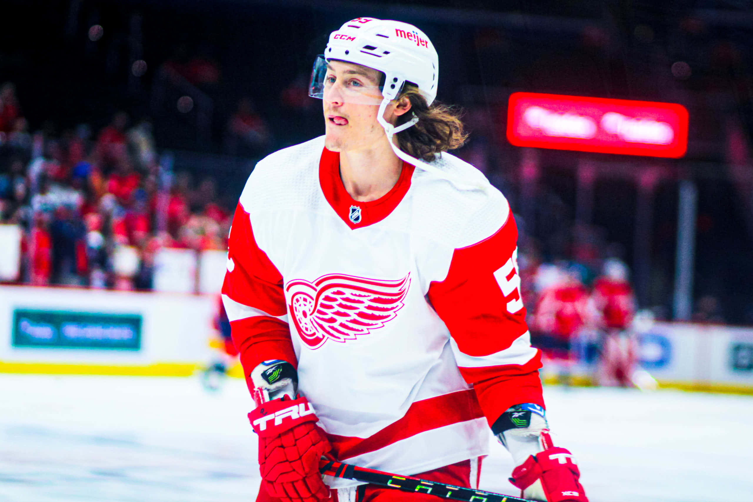 Tyler Bertuzzi 桌布 壁紙 — 一名專注的曲棍球運動員身穿紅白相間的底特律紅翼隊球衣，在場館燈光下滑過冰面。