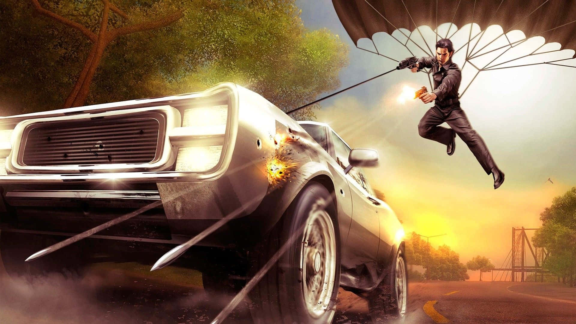 Racing Games 桌布 壁紙 — 一名帶著降落傘和槍的男人跳過一輛在陽光普照的道路上爆炸的飛馳肌肉車。