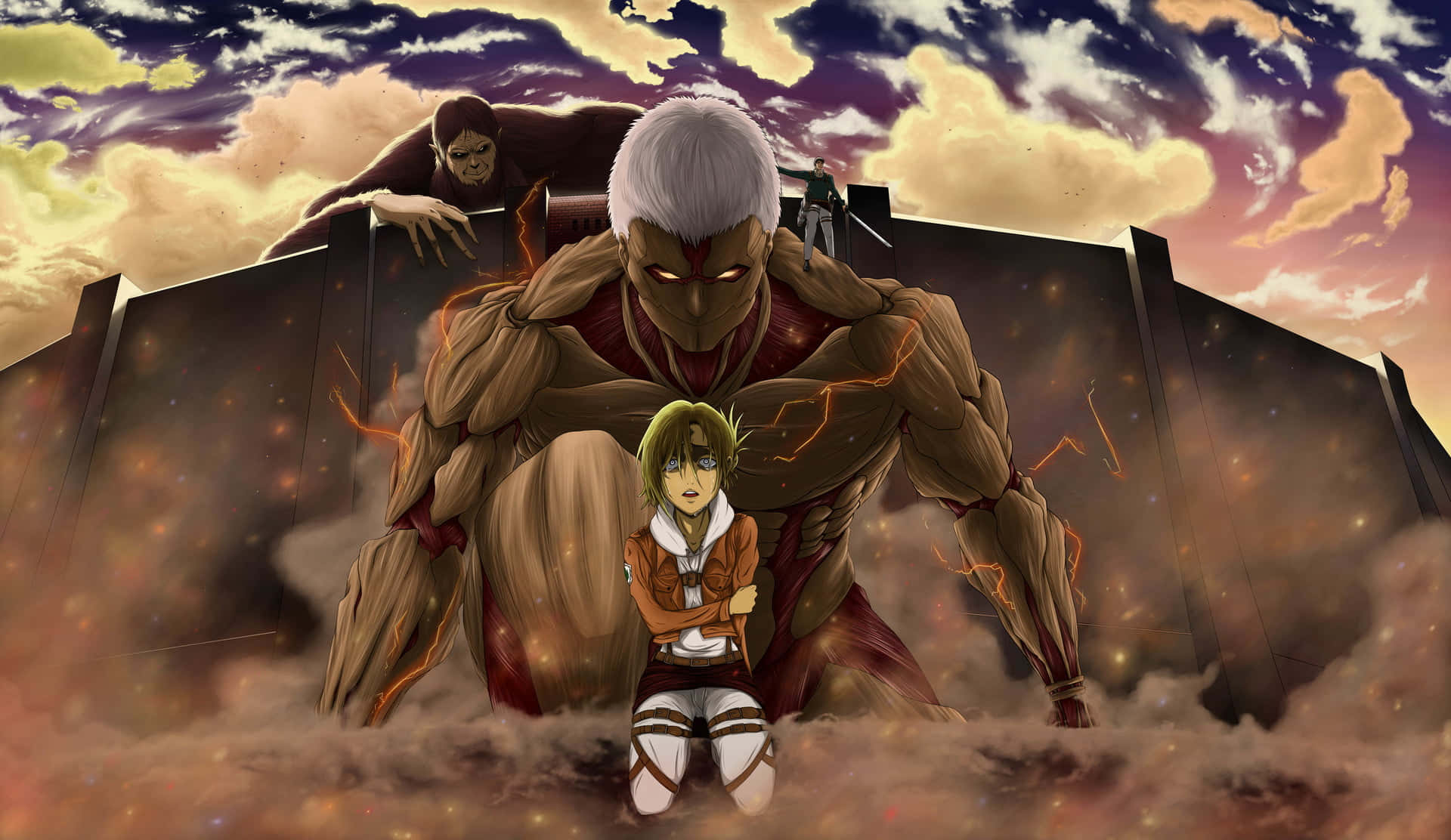 Armored Titan 桌布 壁紙 — 一名年輕士兵跪在一個擁有發光眼睛和噼啪作響能量的巨大泰坦面前，背景是戲劇性的日落天空。