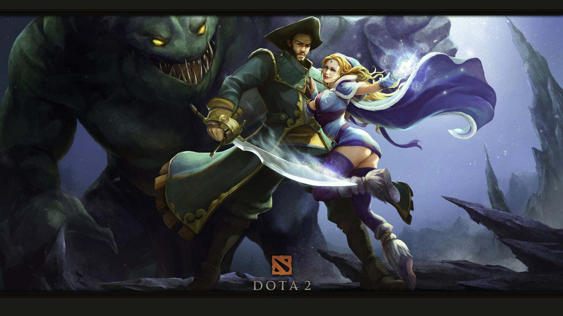 Dota 桌布 壁紙 — 一名戰士和法師在星空下的黑暗奇幻風景中與一頭怪獸戰鬥。